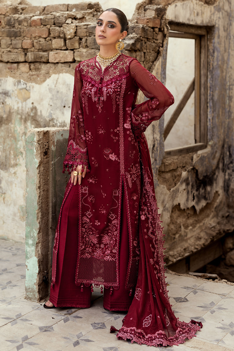 Qalamkar Maroon Chiffon Pakistani Suit | Embroidered Formal Dress