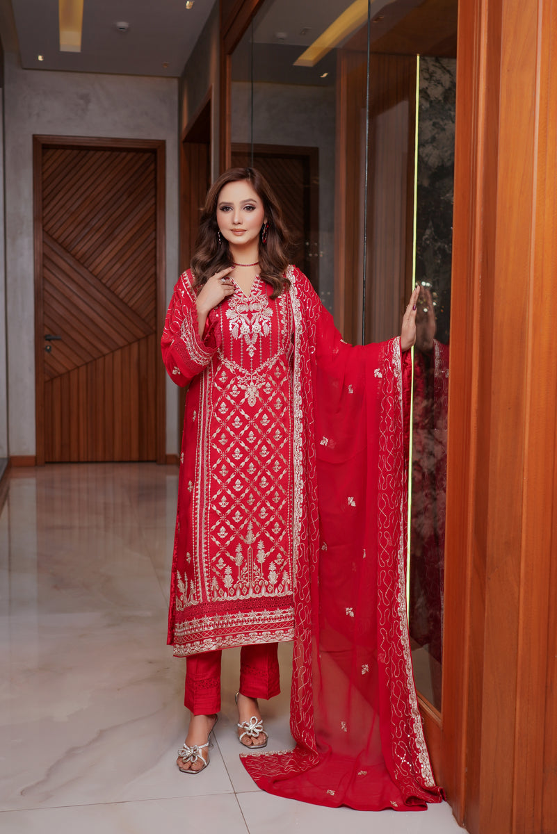 Radiant Red Silk Pakistani Suit