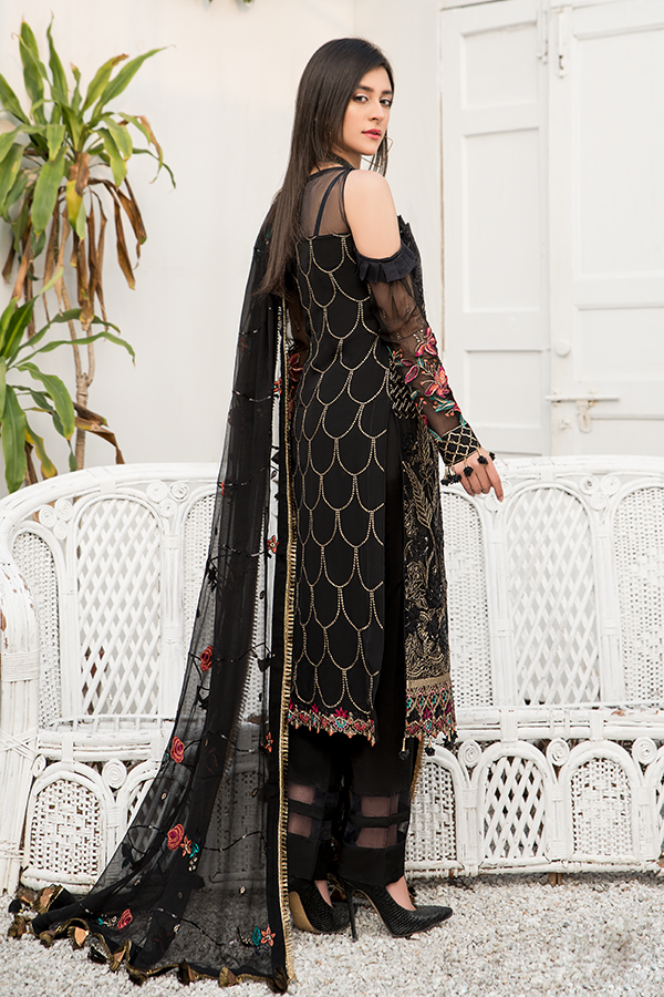 Maryam's Embroidered Luxury Chiffon Collection Vol-24  D-28 Smoky Bla ...