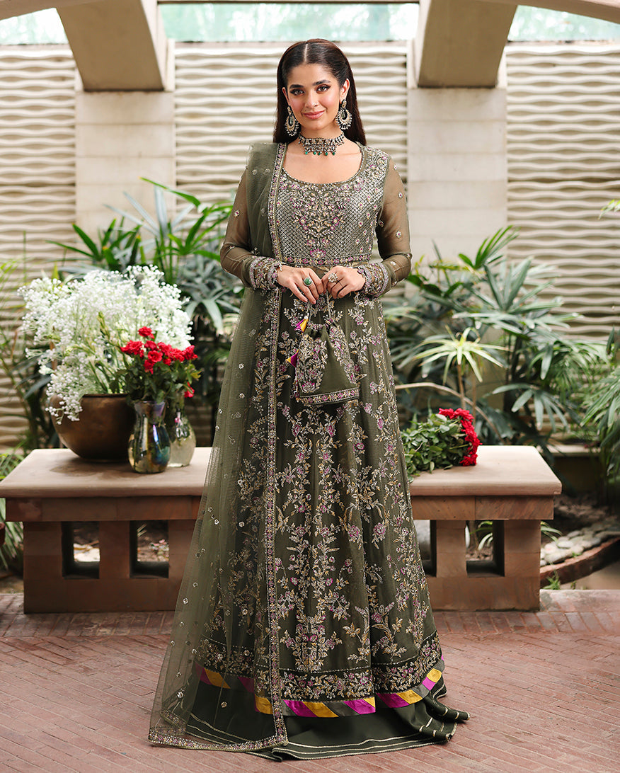 Olive Green Chiffon Pakistani Suit | Roheenaz Mehwar Luxury Wedding Wear YourLibaas Olive Green Chiffon Pakistani Suit | Roheenaz Mehwar Luxury Wedding Wear YourLibaas