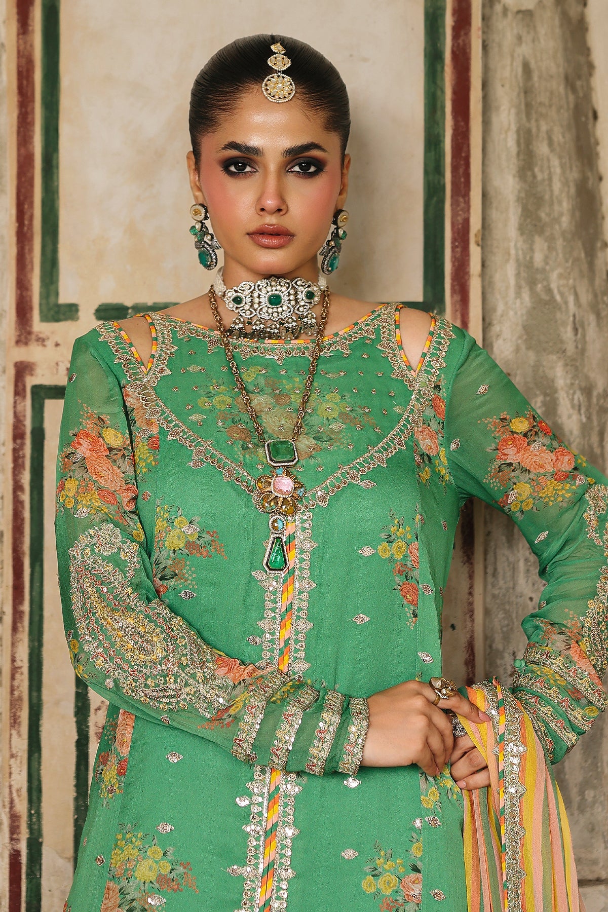 Charizma Vasal Green Chiffon Pakistani Dress VSL25-28 | Embroidered Formal Suit Perfect for Mehndi YourLibaas Charizma Vasal Green Chiffon Pakistani Dress VSL25-28 | Embroidered Formal Suit Perfect for Mehndi YourLibaas