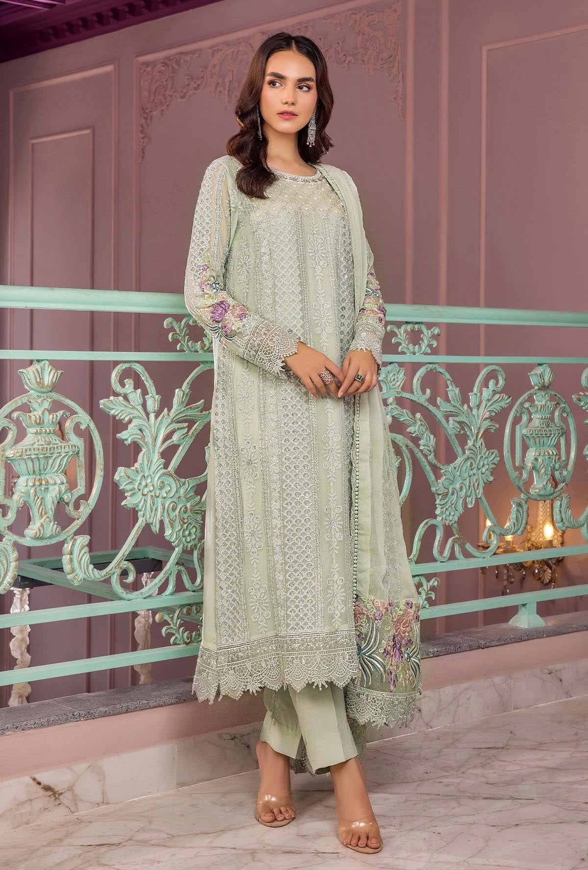 Sea Green Pakistani Chiffon Suit | Ronak-e-Mehfil Embroidered Formal Dress YourLibaas Sea Green Pakistani Chiffon Suit | Ronak-e-Mehfil Embroidered Formal Dress YourLibaas