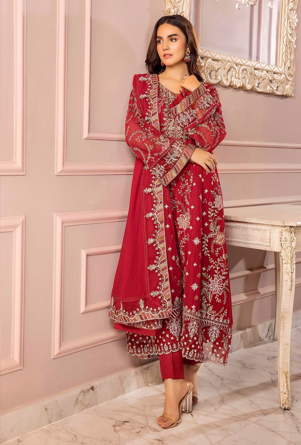 red chiffon dress pakistani Ronak-e-Mehfil Suit Size:37 (US 7) 231015 embroidered red chiffon dress pakistani Light Blue Cotton Linen