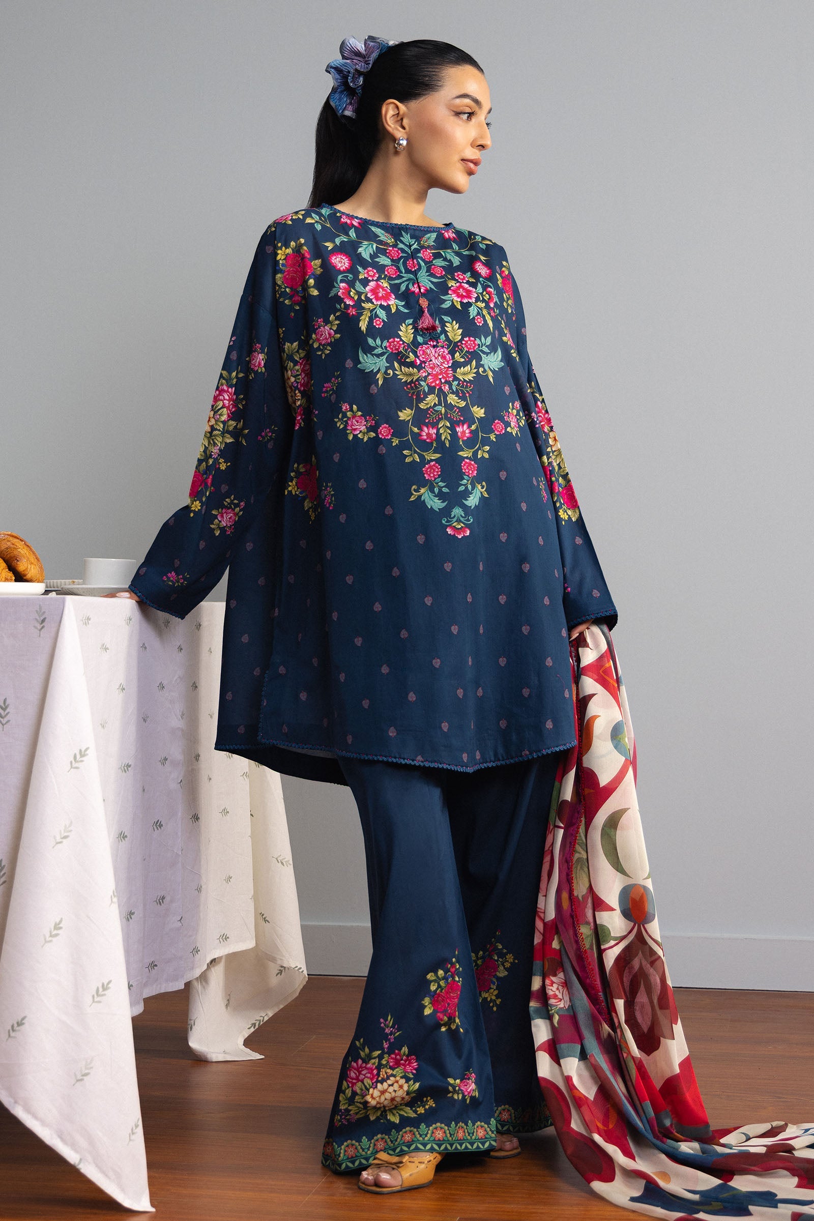 Navy Blue Printed Lawn Pakistani Suit with Silk Dupatta | Summer Party Wear   YourLibaas
