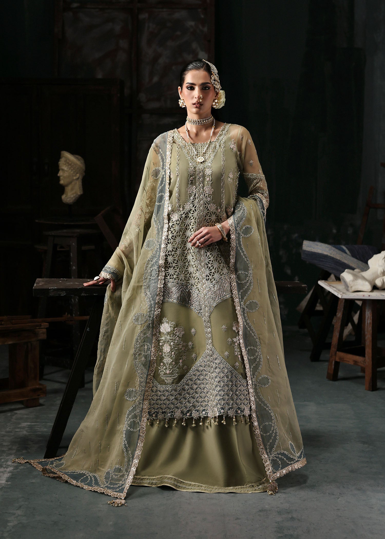 olive green pakistani dress Olive Green Hand Embellished Bridal Dress | Pakistani Formal Wedding Outfit | Indian Wedding suits | Eid Outfit