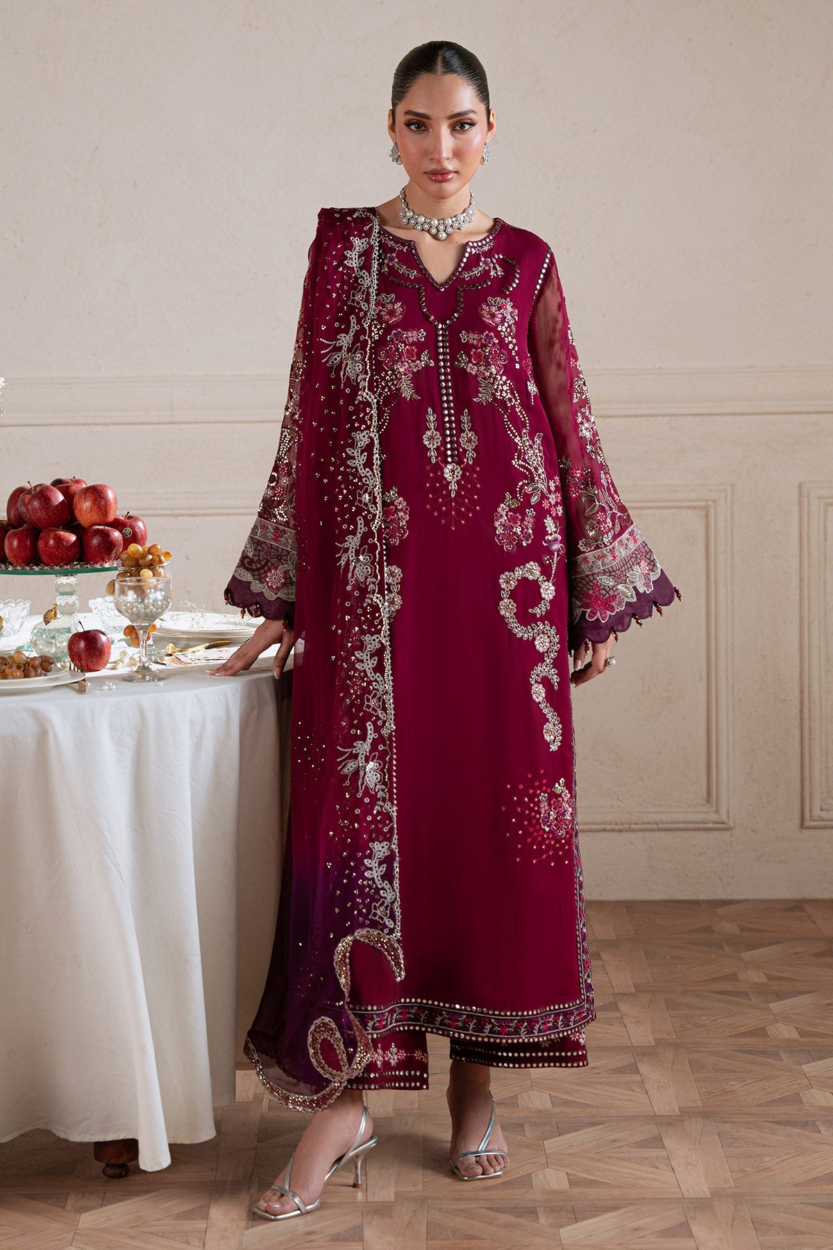 maroon chiffon dress pakistani Deep Maroon Chiffon Heavy Embroidered Straight Cut Luxury Wedding Wear
