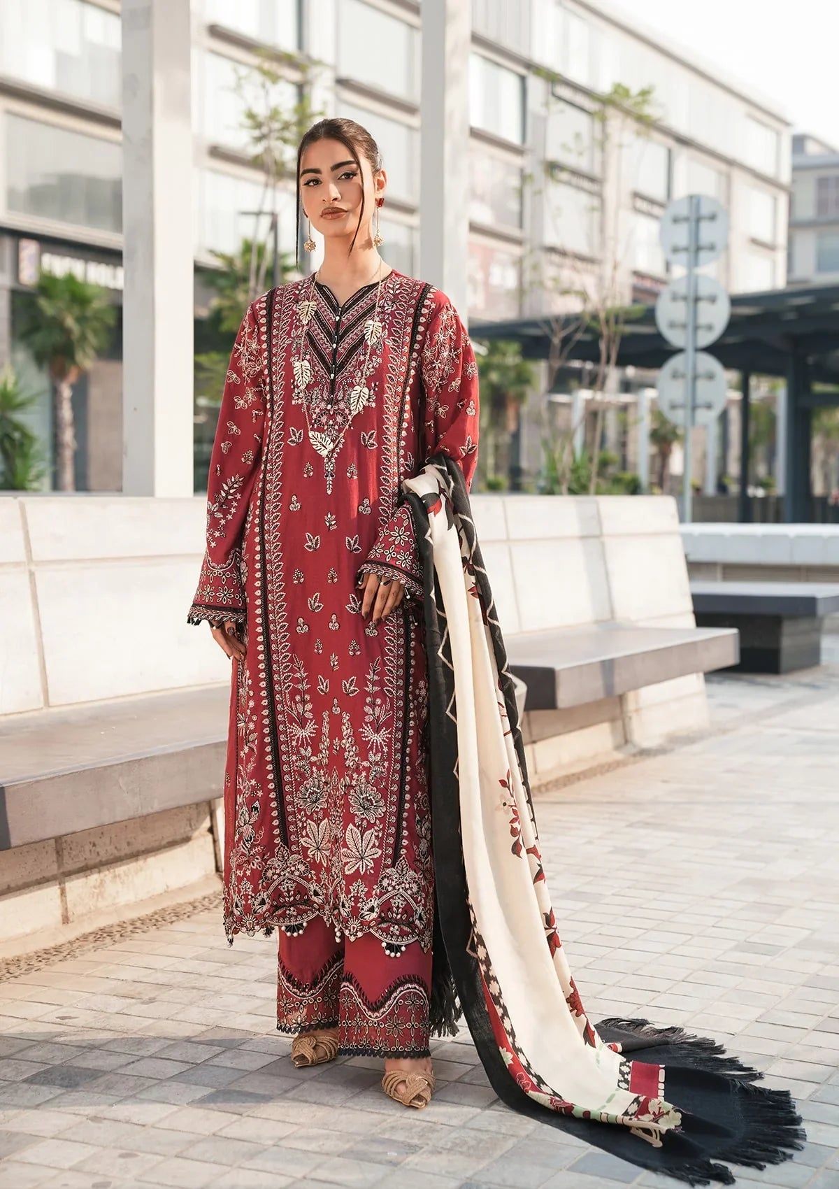 Elaf Winter Pakistani Suit with Pashmina Shawl - Maroon Karandi Dress YourLibaas Elaf Winter Pakistani Suit with Pashmina Shawl - Maroon Karandi Dress YourLibaas