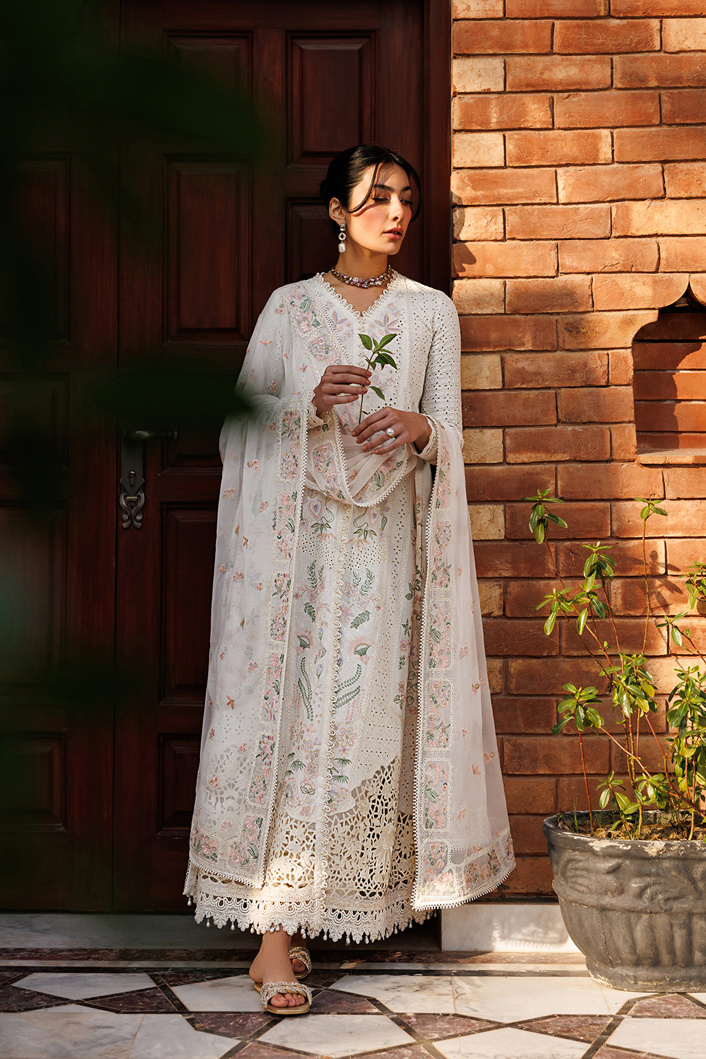 Off White Pakistani Lawn Suit with Chiffon Dupatta