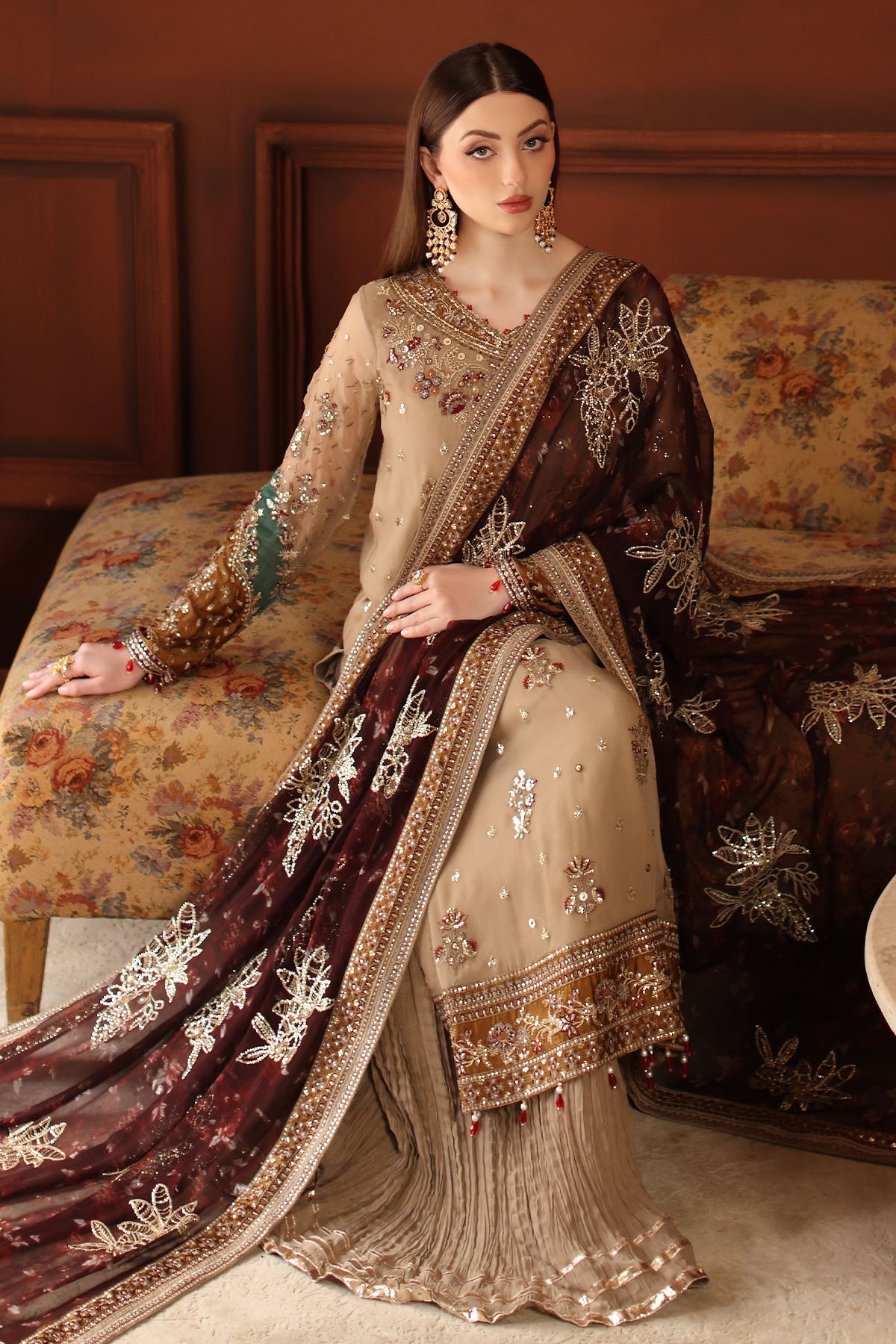 Beige Embellished Chiffon Pakistani Suit