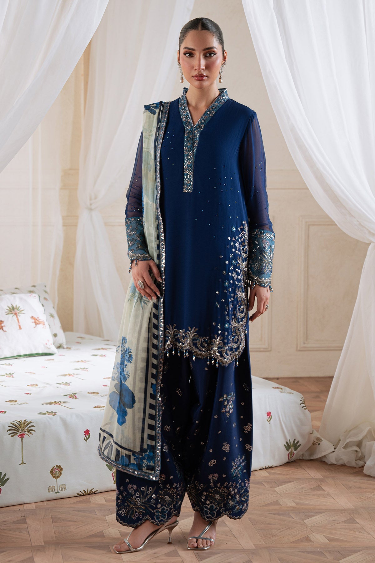 blue chiffon dress pakistani Andaaz Fashion Women's Zari Embroidered Chiffon Royal Blue Pakistani Anarkali Suit