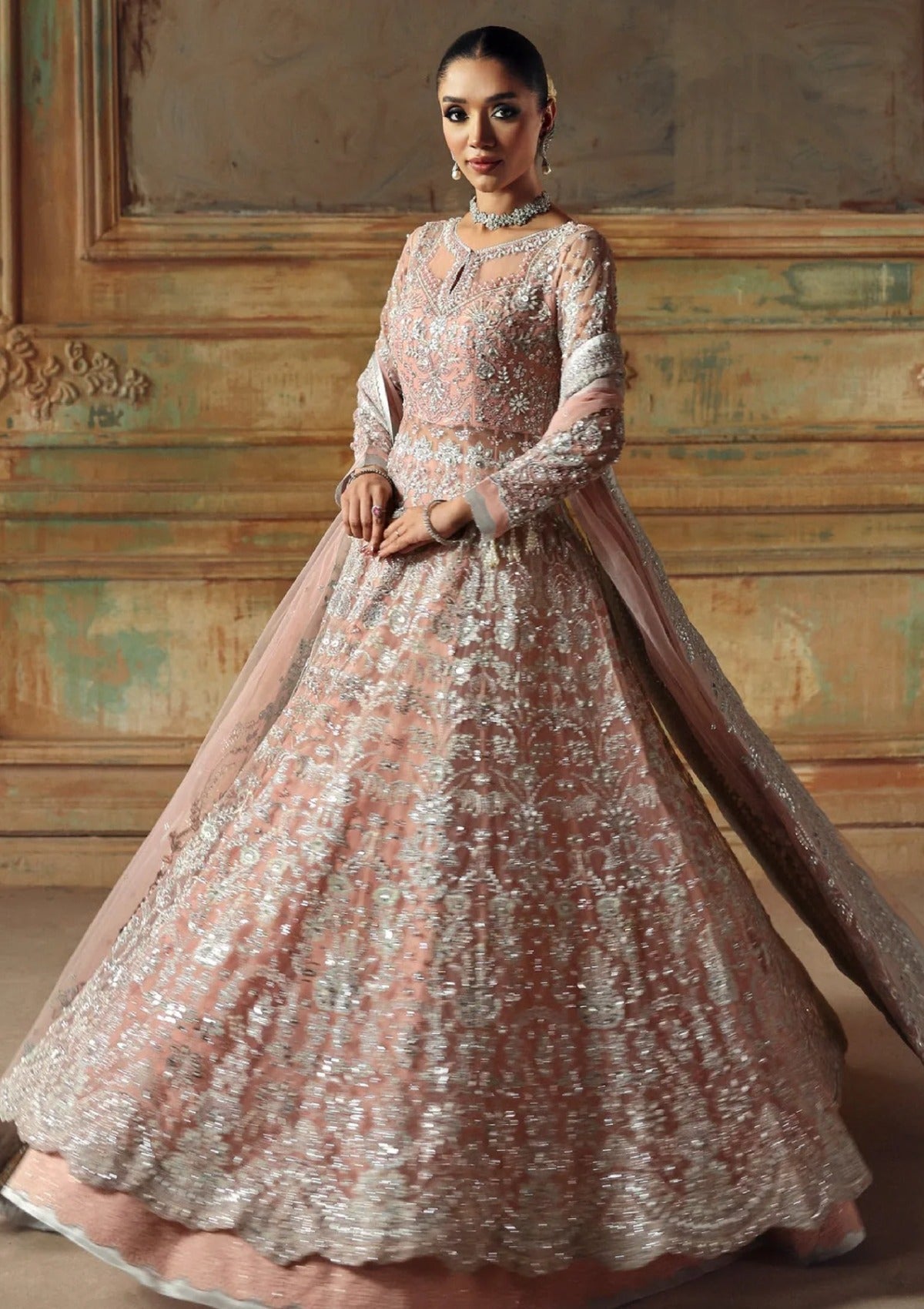 Peach Net Pakistani Suit - Luxury Embroidered Wedding Formal Dress   YourLibaas