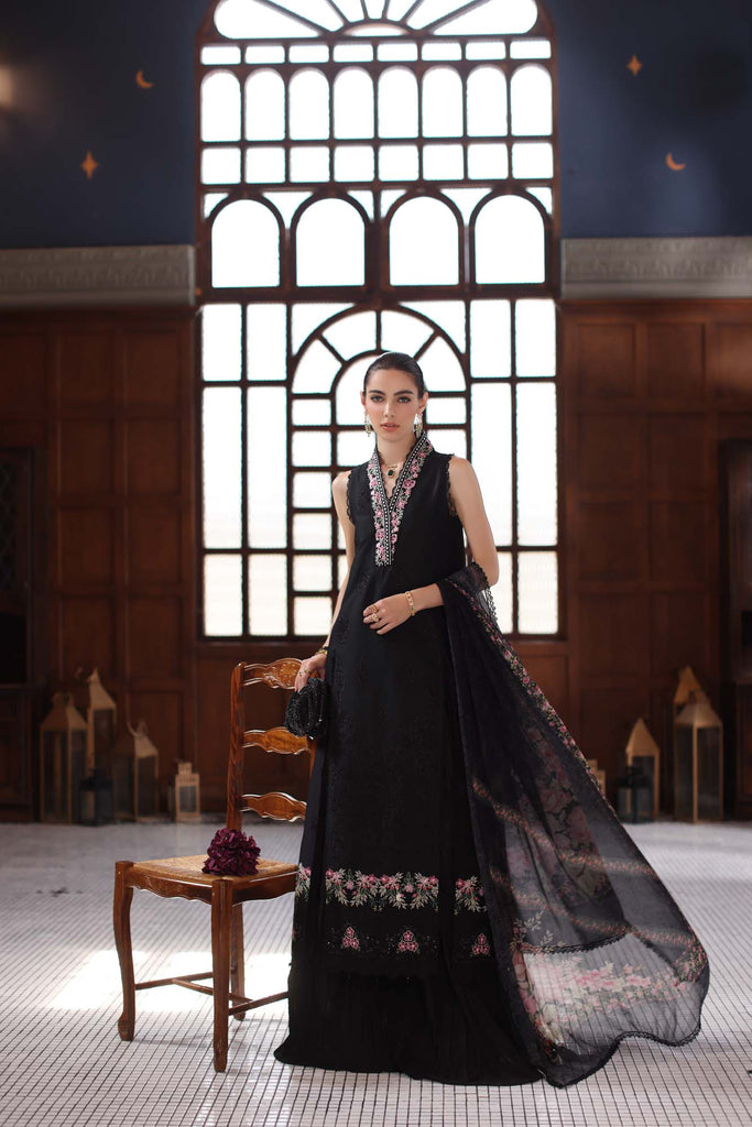 Saadia Asad Eid Luxury Schiffli Laserkari Lawn – D7- Black
