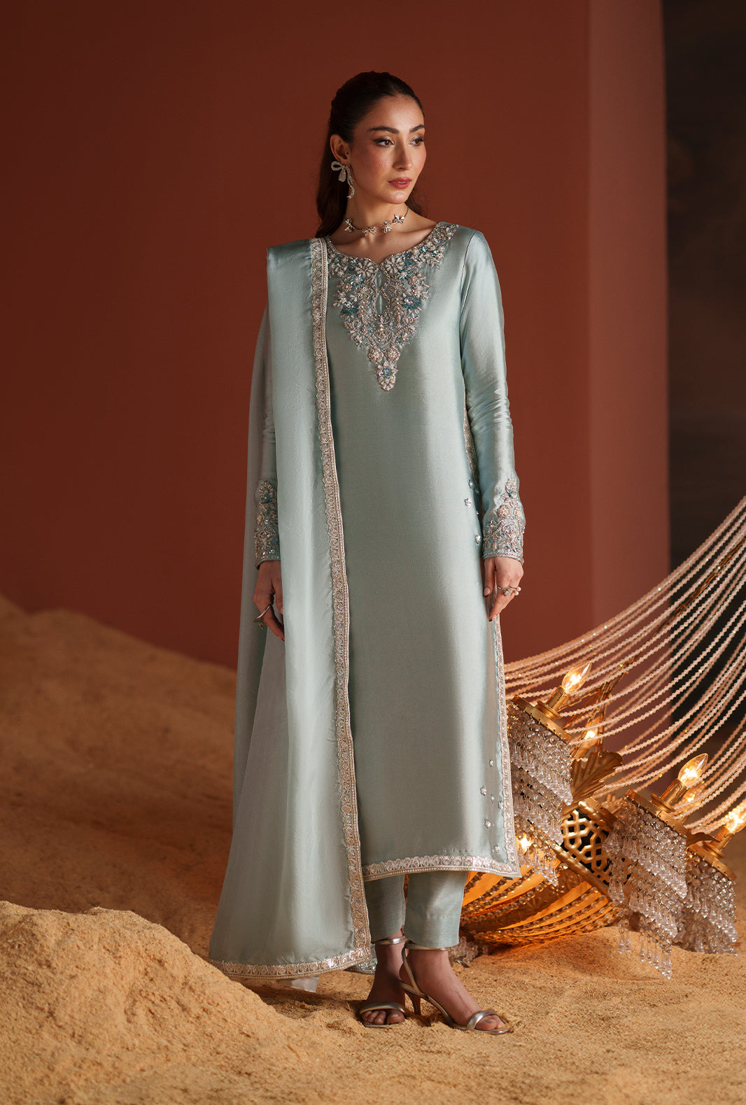Ice Blue Silk Pakistani Suit | Formal Embroidered Summer Dress YourLibaas Ice Blue Silk Pakistani Suit | Formal Embroidered Summer Dress YourLibaas
