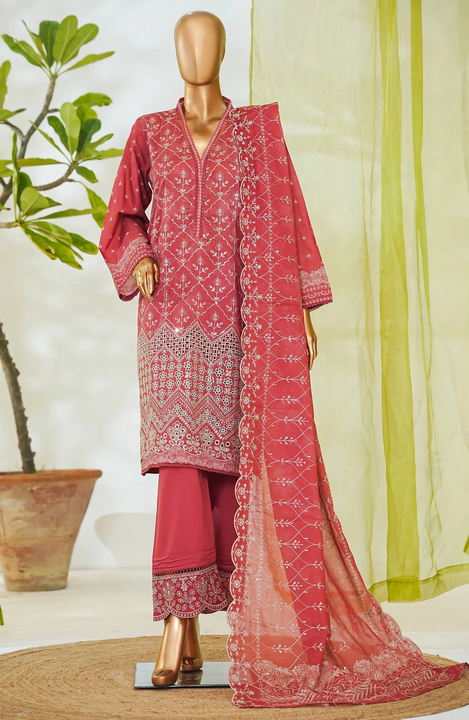 open lace back dress Elegant Red Embroidered Pakistani Lawn Suit