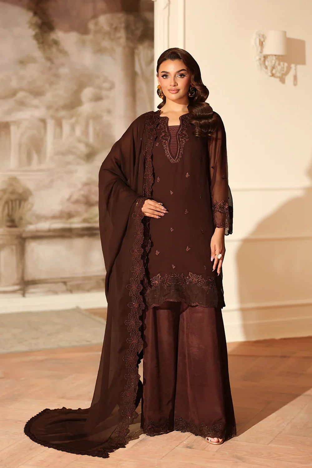Brown Embroidered Chiffon Pakistani Suit | Azure Festive Formal Wear YourLibaas Brown Embroidered Chiffon Pakistani Suit | Azure Festive Formal Wear YourLibaas