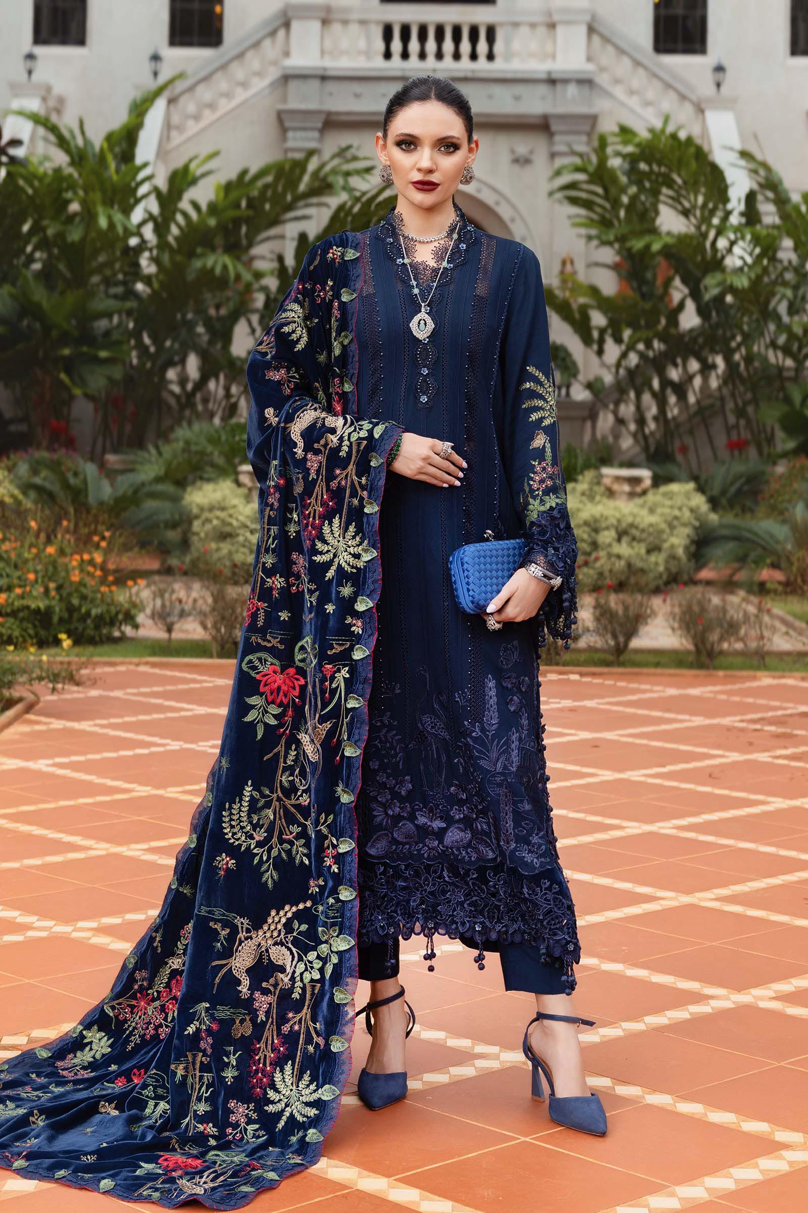 Navy Blue Linen Pakistani Suit with Velvet Shawl | MARIA.B Winter Formal Wear YourLibaas Navy Blue Linen Pakistani Suit with Velvet Shawl | MARIA.B Winter Formal Wear YourLibaas