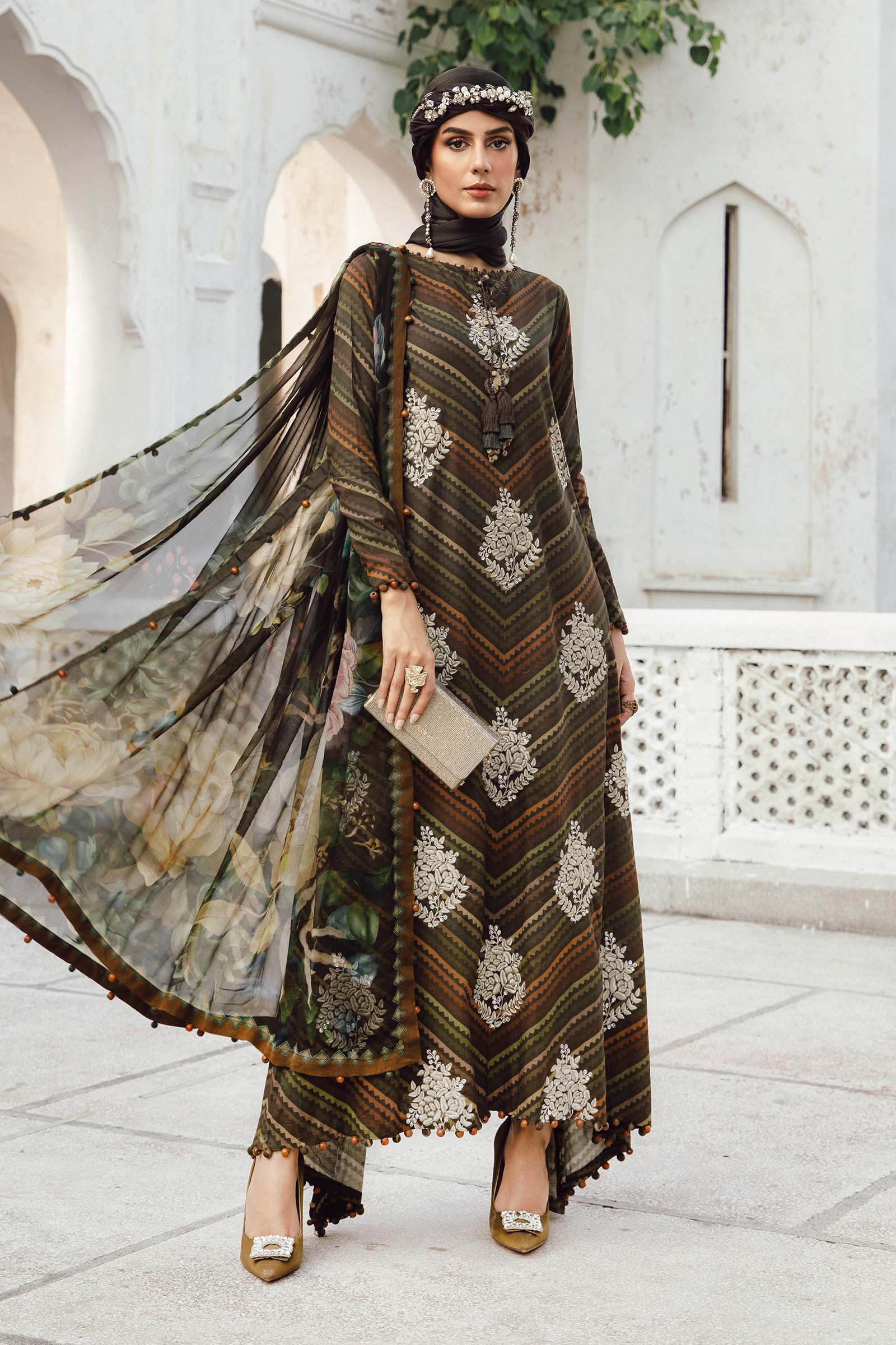 maria b brown dress Maria B Luxury Linen Pakistani Maxi Dress MAR129 - M - Brown