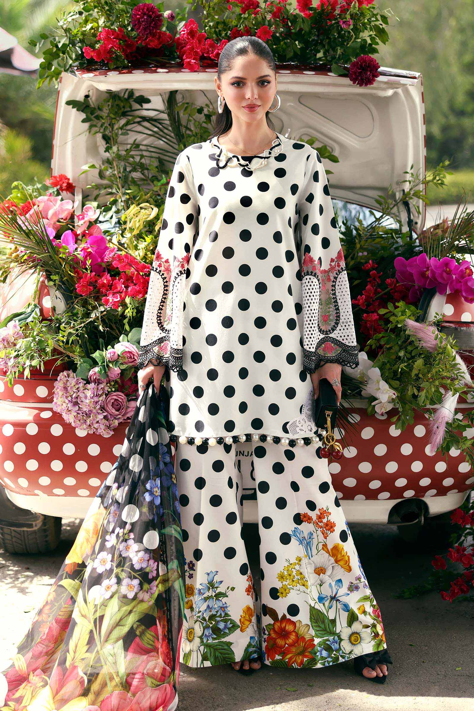 White & Black Polka Dot Pakistani Lawn Suit