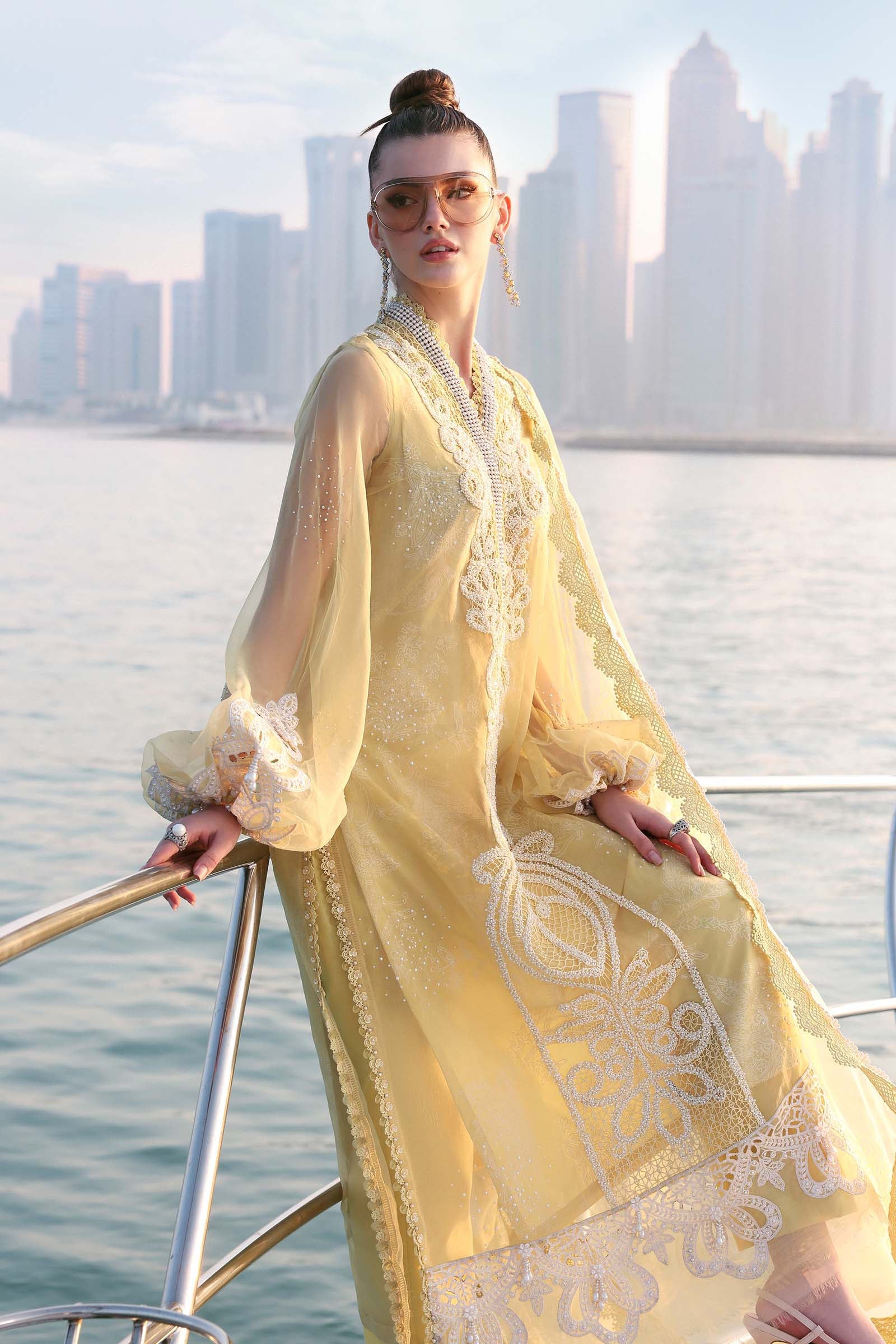 Maria.B Yellow Organza Pakistani Suit Luxury Lawn Eid Dress Perfect for Haldi YourLibaas Maria.B Yellow Organza Pakistani Suit Luxury Lawn Eid Dress Perfect for Haldi YourLibaas