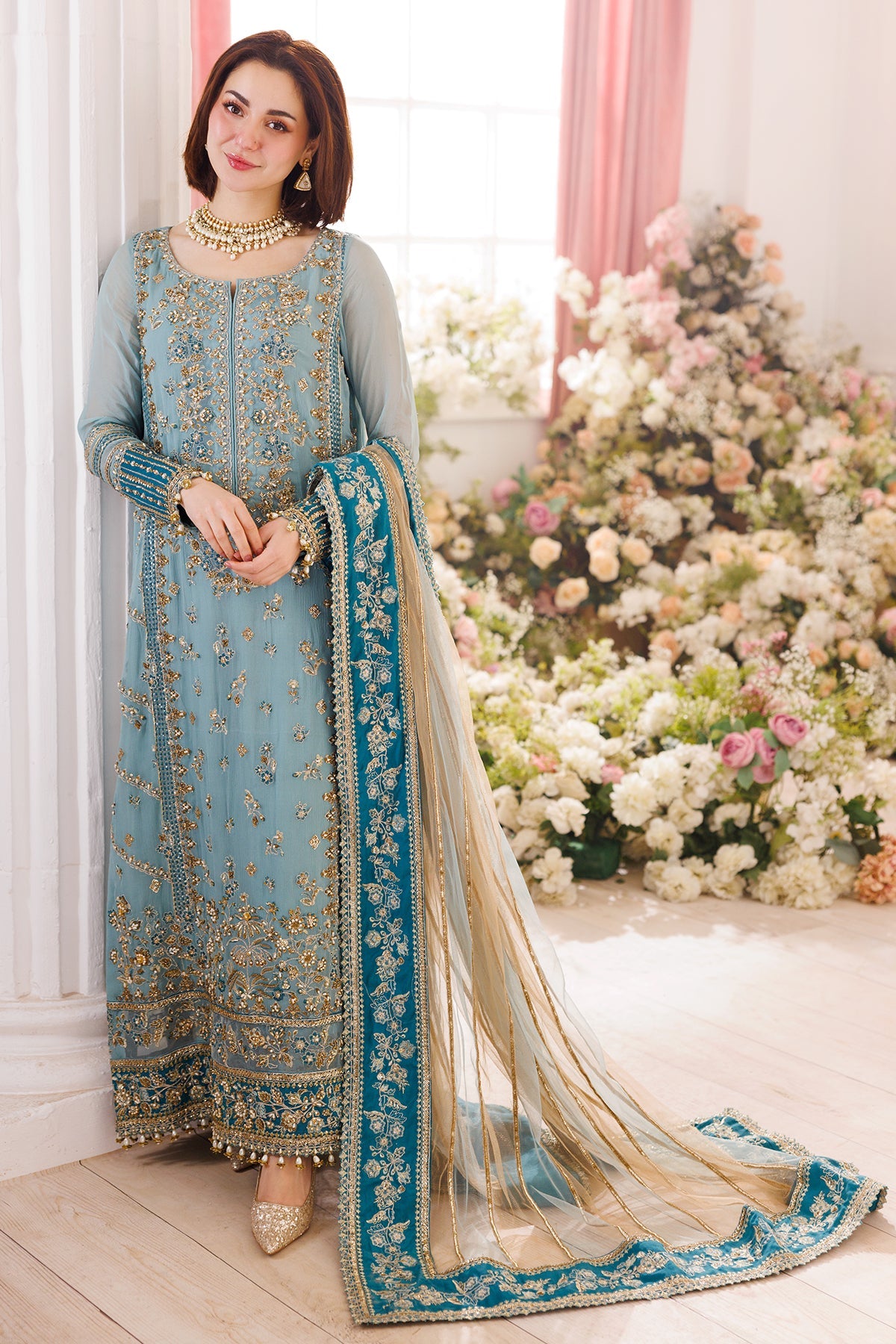 Charizma x Hania Aamir Turquoise Blue Chiffon Pakistani Suit DJ5-08 | Formal Wear YourLibaas Charizma x Hania Aamir Turquoise Blue Chiffon Pakistani Suit DJ5-08 | Formal Wear YourLibaas