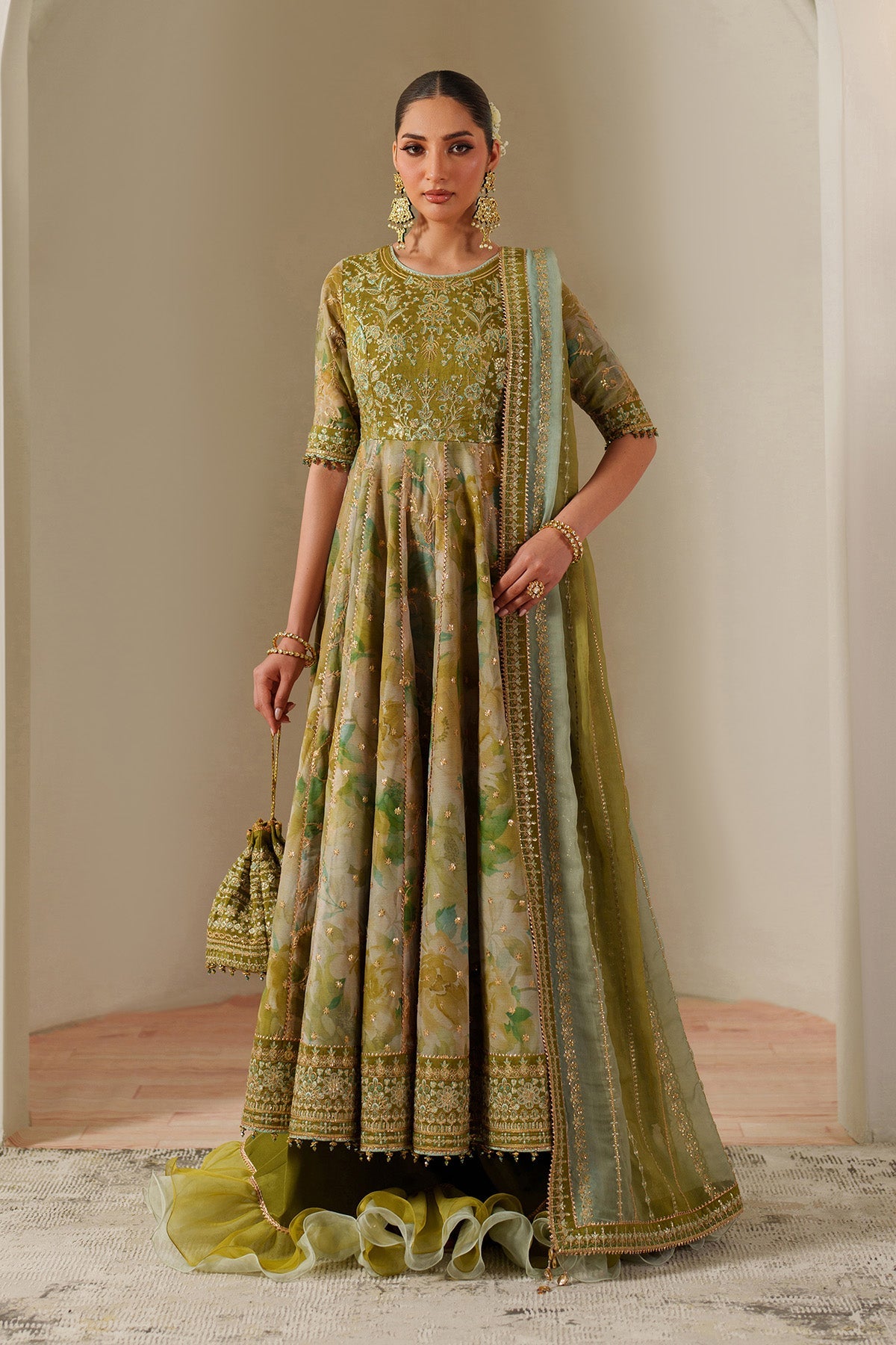 Olive Green Chiffon Pakistani Suit | Alizeh Renee Embroidered Formal Dress YourLibaas Olive Green Chiffon Pakistani Suit | Alizeh Renee Embroidered Formal Dress YourLibaas