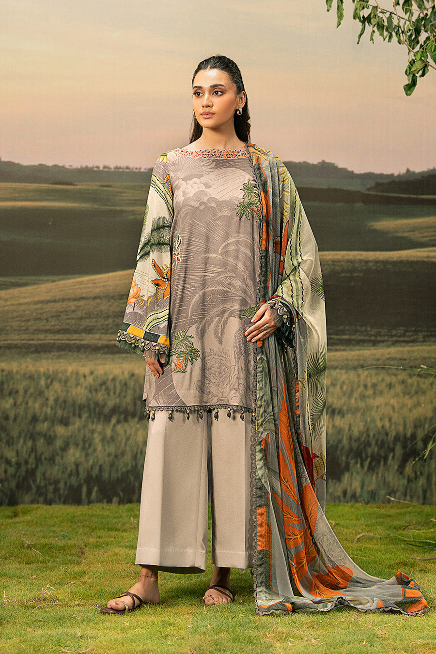 maria b brown dress Maria B Tea Affair MPC-26-102-Muted Mocha Brown Embroidered Chiffon Dress