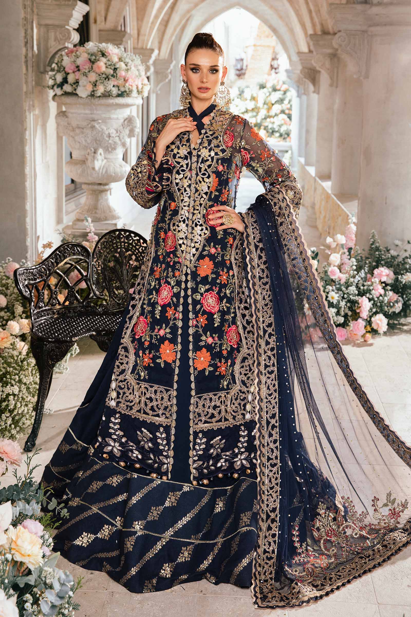 MARIA.B Navy Blue Embroidered Organza Pakistani Bridal Suit | BD-2808 YourLibaas MARIA.B Navy Blue Embroidered Organza Pakistani Bridal Suit | BD-2808 YourLibaas