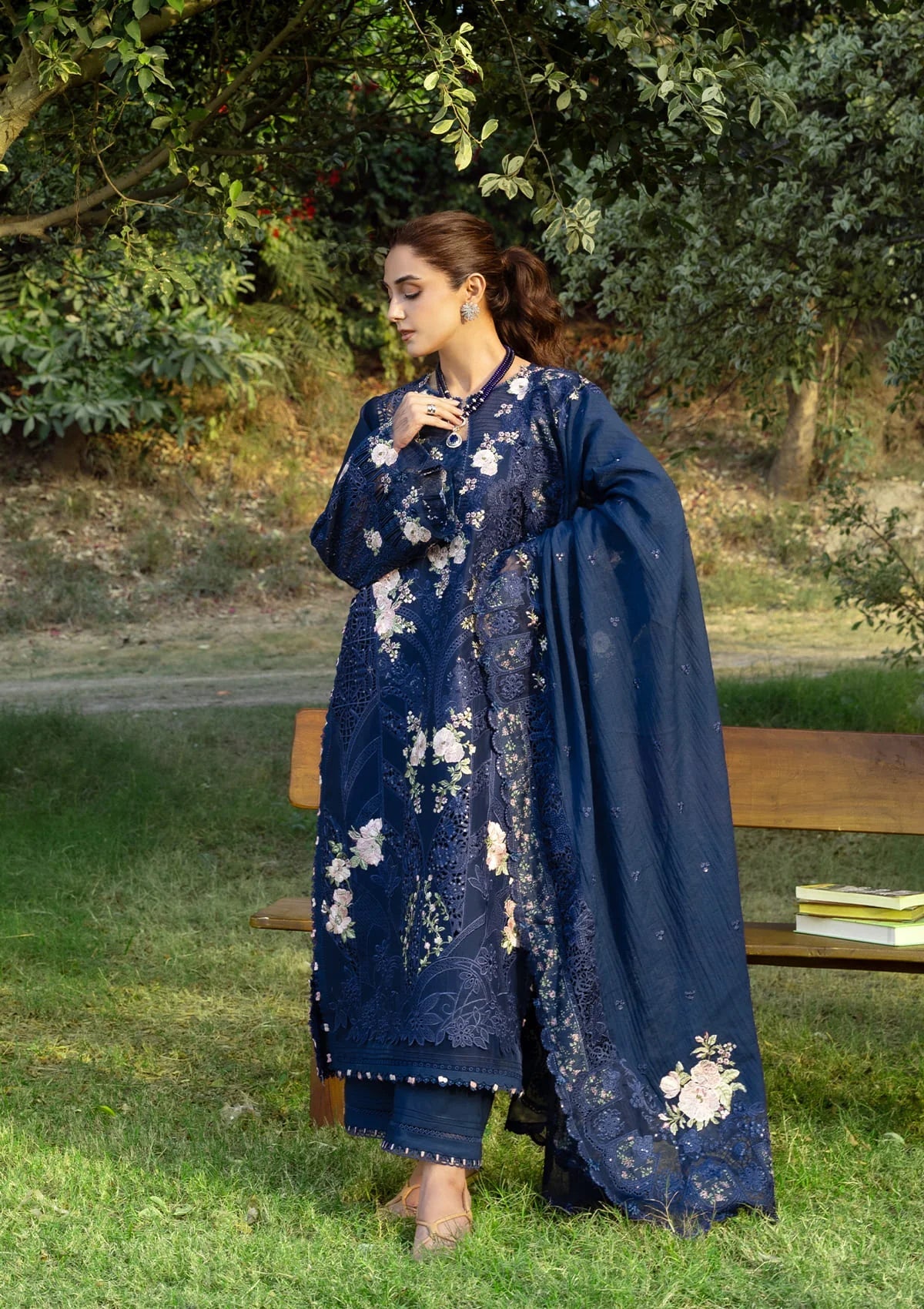 Navy Blue Pakistani Lawn Suit Embroidered Laser Work