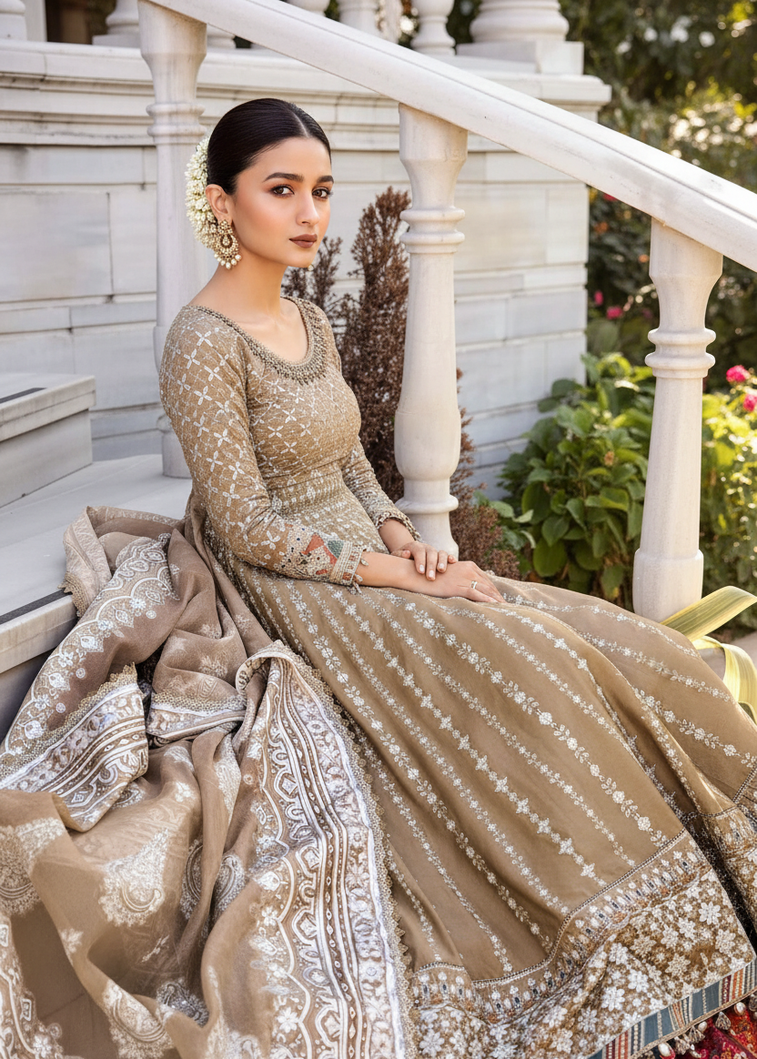 MARIA.B Beige Cotton Satin Pakistani Suit CST-810 | Perfect for Weddings YourLibaas MARIA.B Beige Cotton Satin Pakistani Suit CST-810 | Perfect for Weddings YourLibaas