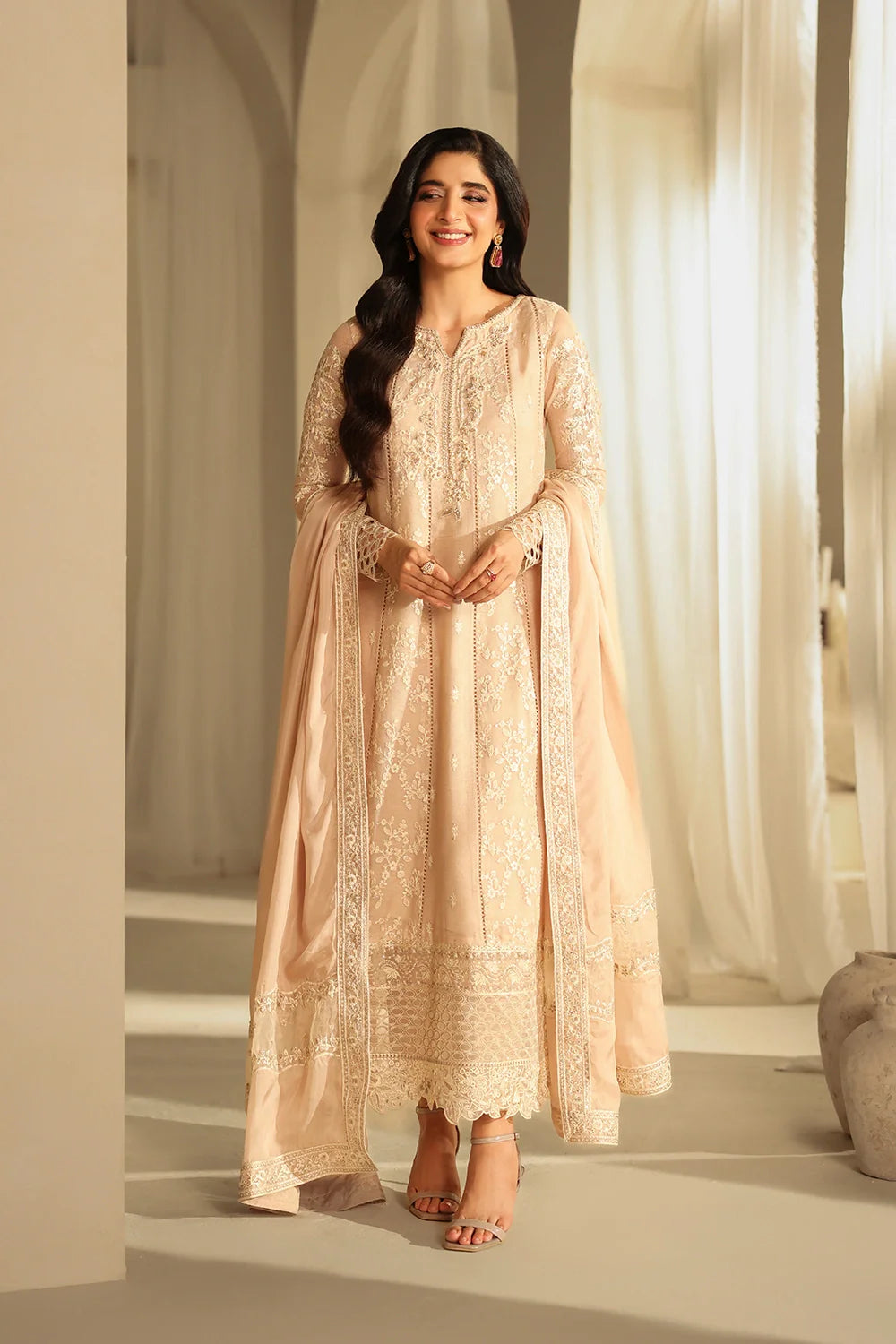 Beige Embroidered Net Pakistani Suit | Azure Festive Formal Wear YourLibaas Beige Embroidered Net Pakistani Suit | Azure Festive Formal Wear YourLibaas