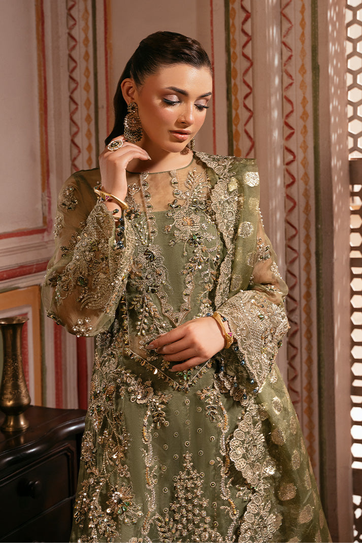 Olive Green Organza Pakistani Suit for Mehndi | Imrozia Bridal Formals YourLibaas Olive Green Organza Pakistani Suit for Mehndi | Imrozia Bridal Formals YourLibaas