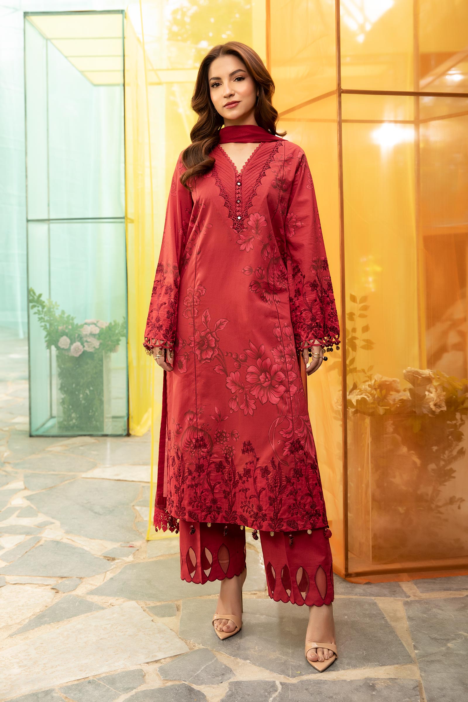 red lawn dress Embroidered Red Stitched Suit