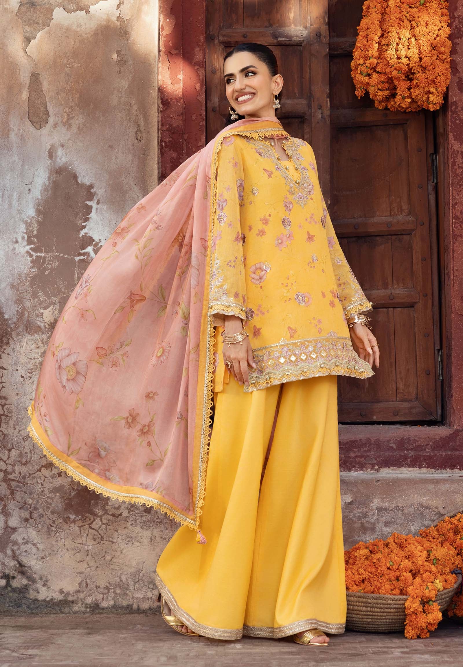 MARIA.B Yellow Embroidered Net Suit