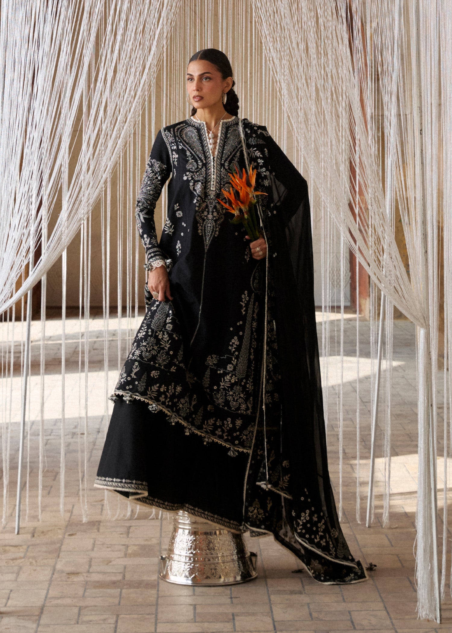 black embroidered pakistani dresses Ucille Sage Green Embroidered Chiffon Maxi Dress – SHOP DDMINE main image 0