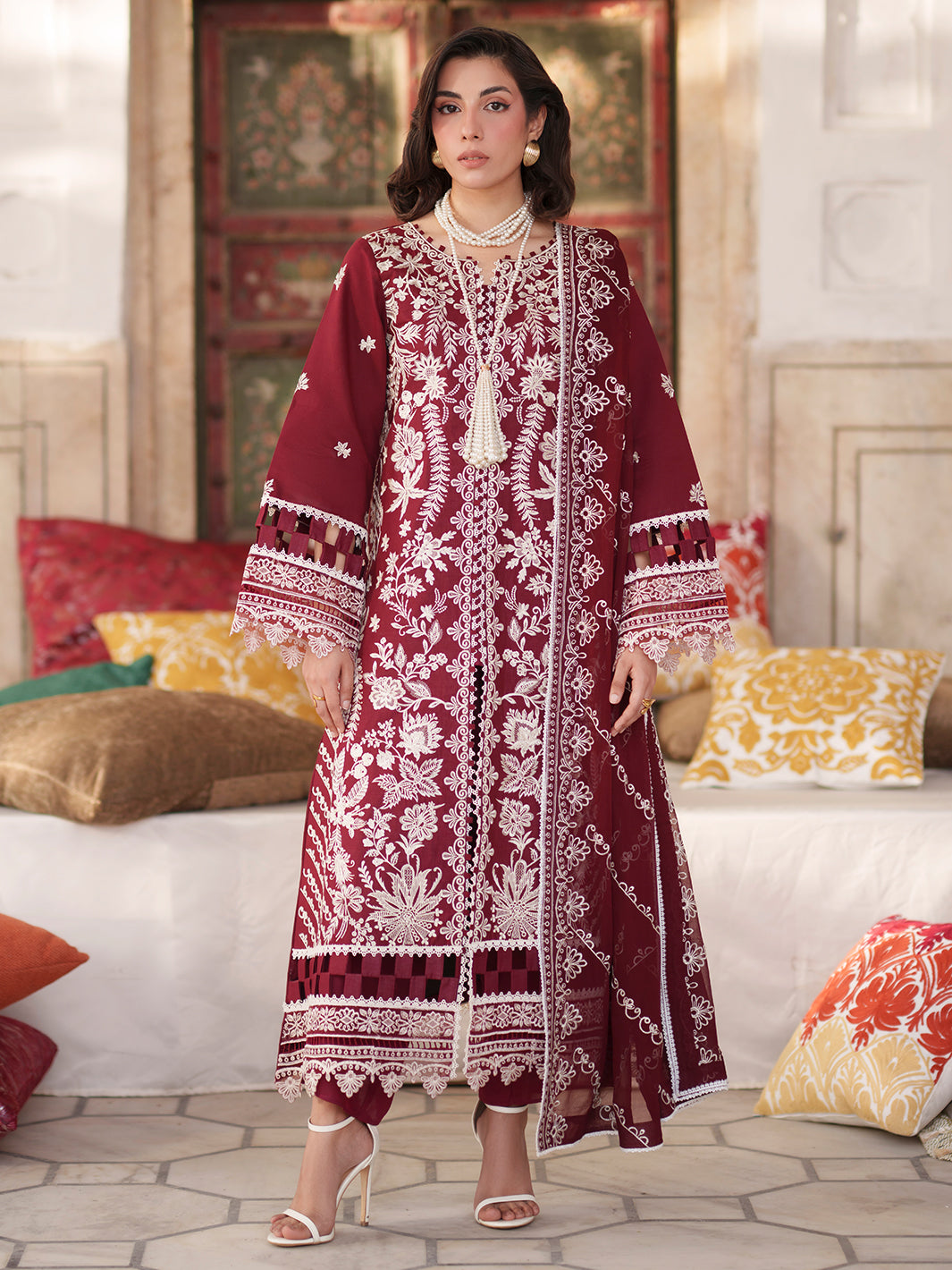 Embroidered Maroon Lawn Pakistani Suit