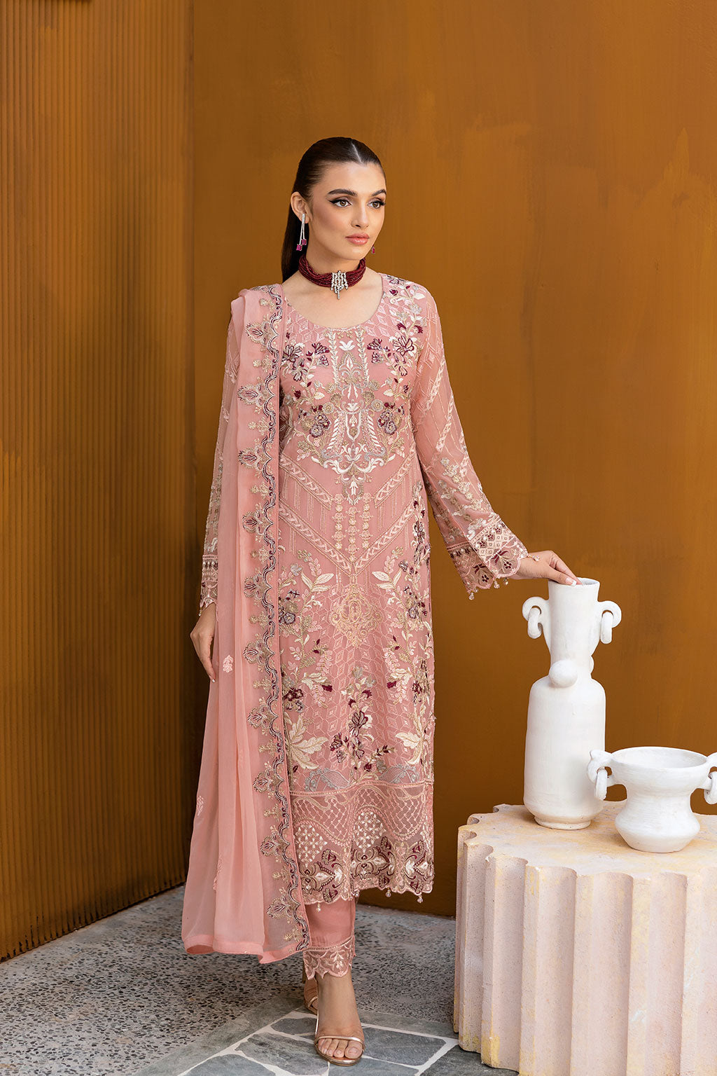 Ramsha Chevron Chiffon Formal Pakistani Suit A-1005 | Peach Embroidered Chiffon Dress YourLibaas Ramsha Chevron Chiffon Formal Pakistani Suit A-1005 | Peach Embroidered Chiffon Dress YourLibaas
