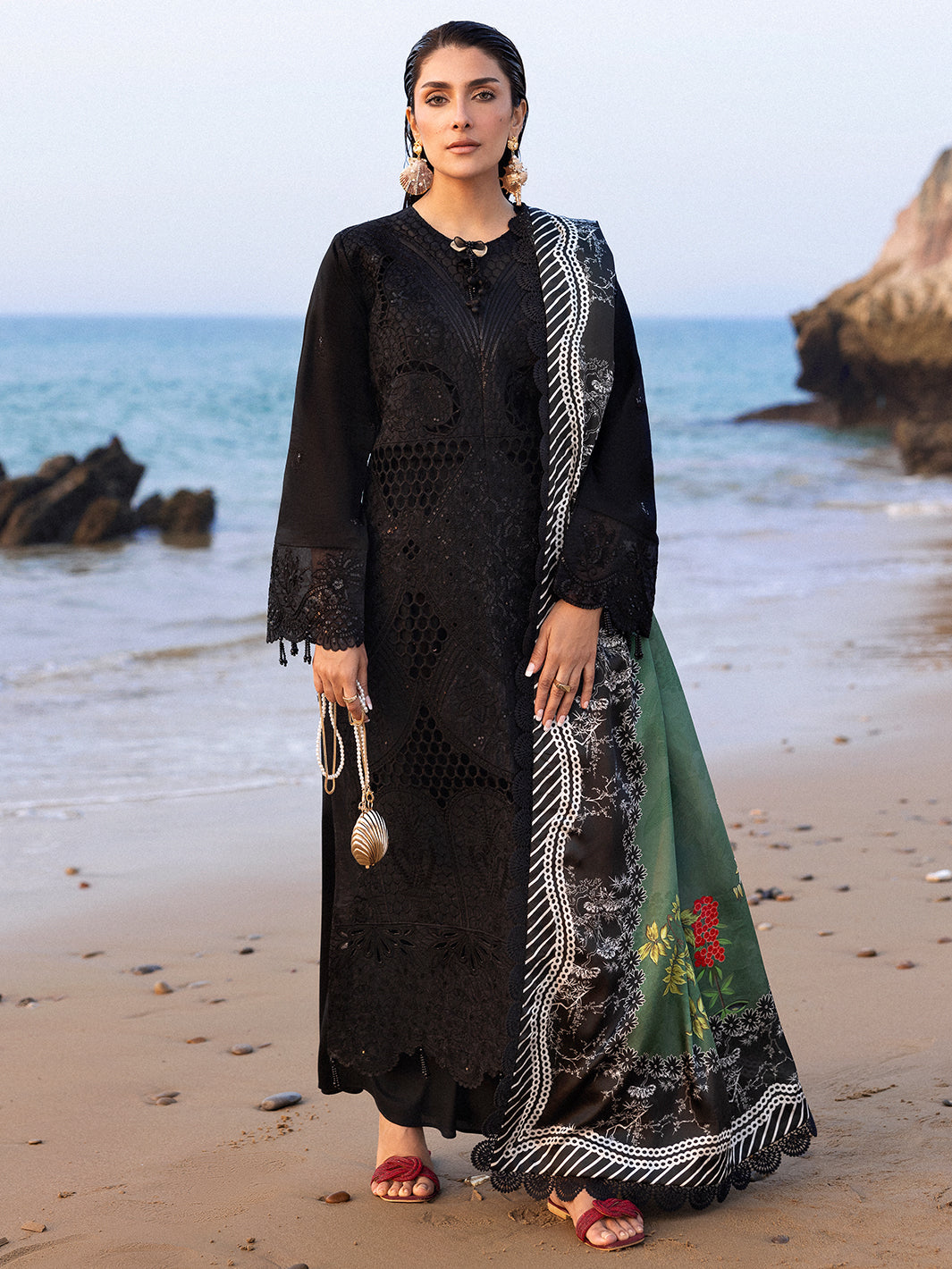 Mahnur Sierra Black Lawn Suit with Ayeza Khan