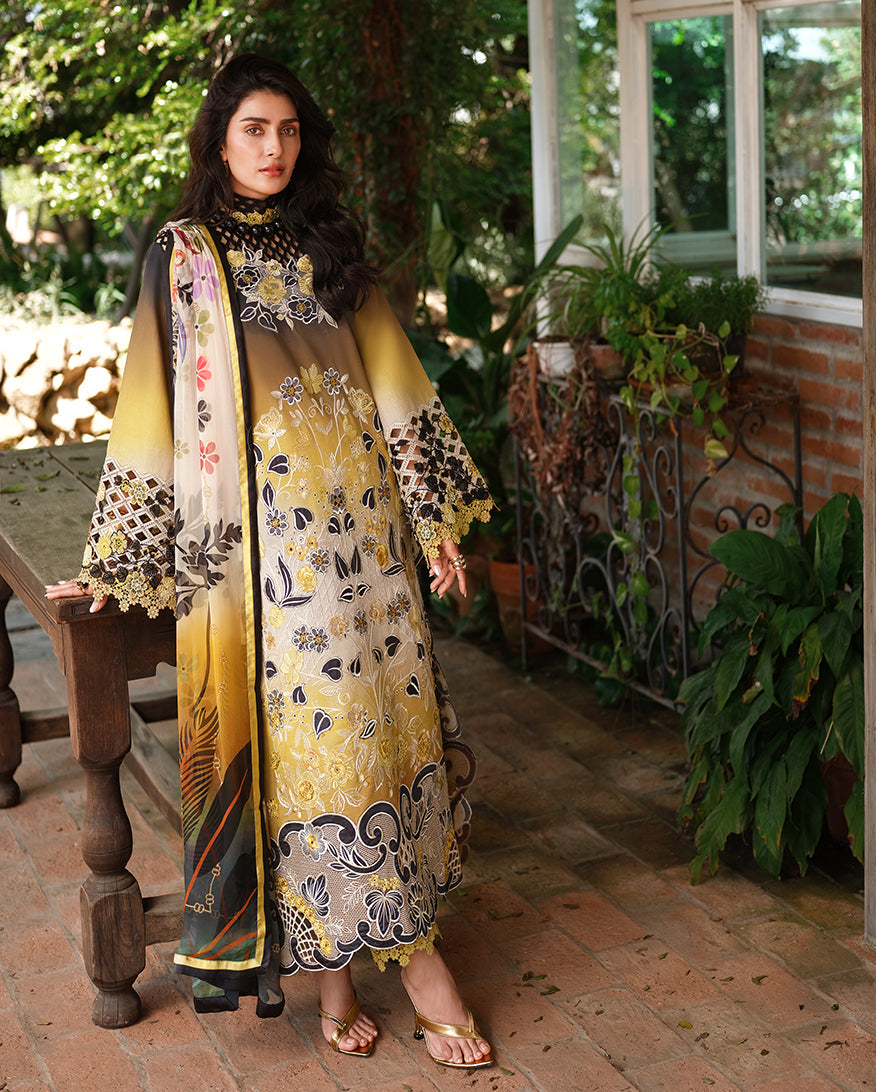 Ayeza Khan Mushq Luxury Lawn Suit - Mustard & Black Embroidered Pakistani Dress