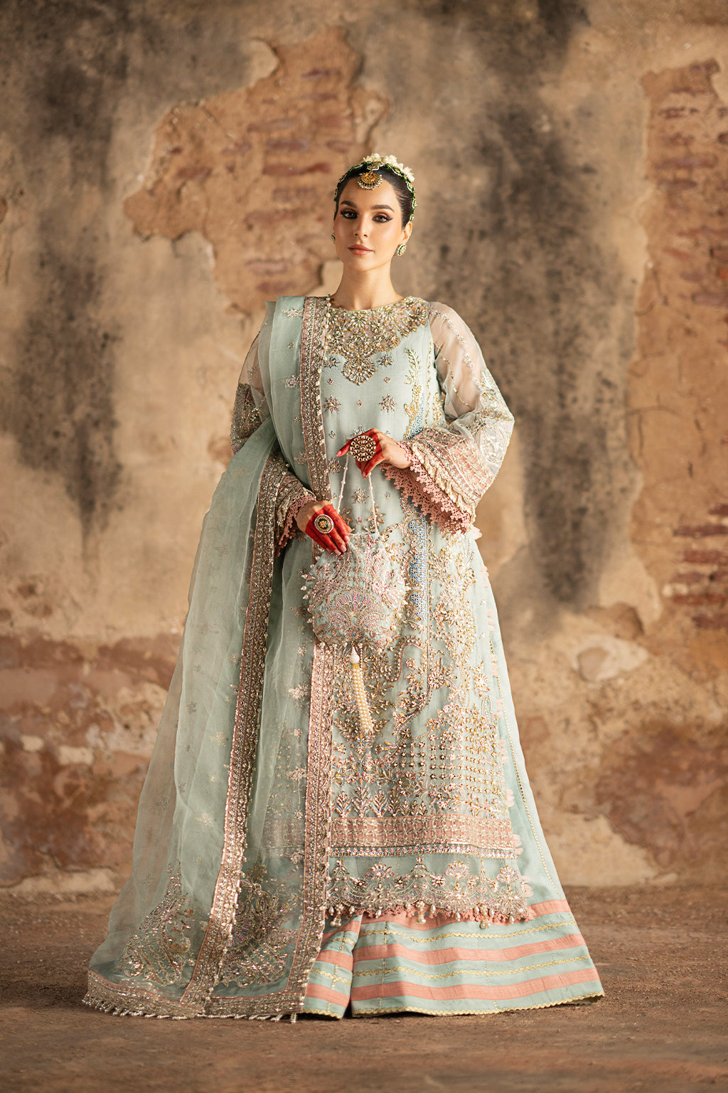sea green pakistani bridal dresses Pakistani Bridal Sea Green Lehenga Gown Dress #BS846