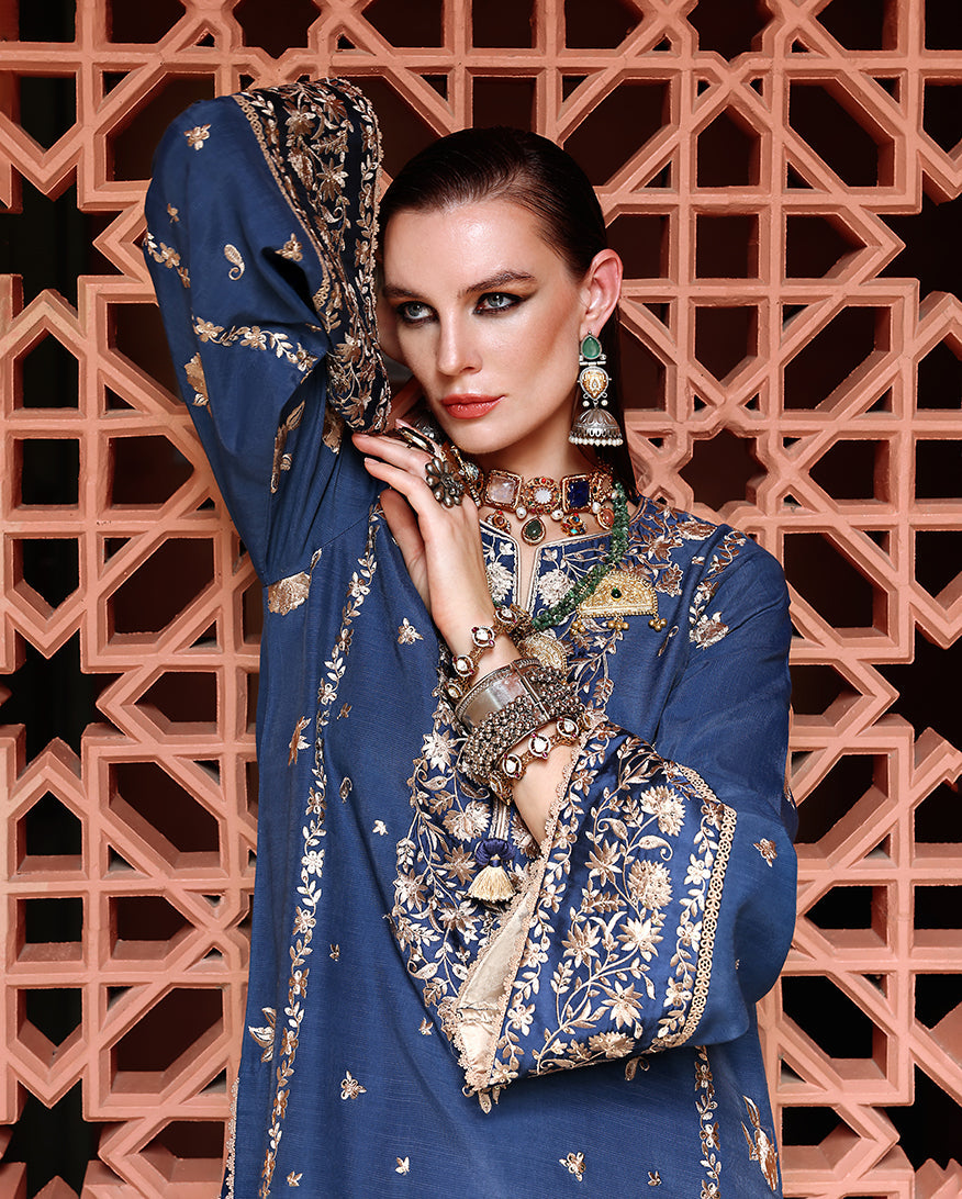 Blue Embroidered Raw Silk Pakistani Suit | Mushq Vivian Formal Wear YourLibaas Blue Embroidered Raw Silk Pakistani Suit | Mushq Vivian Formal Wear YourLibaas
