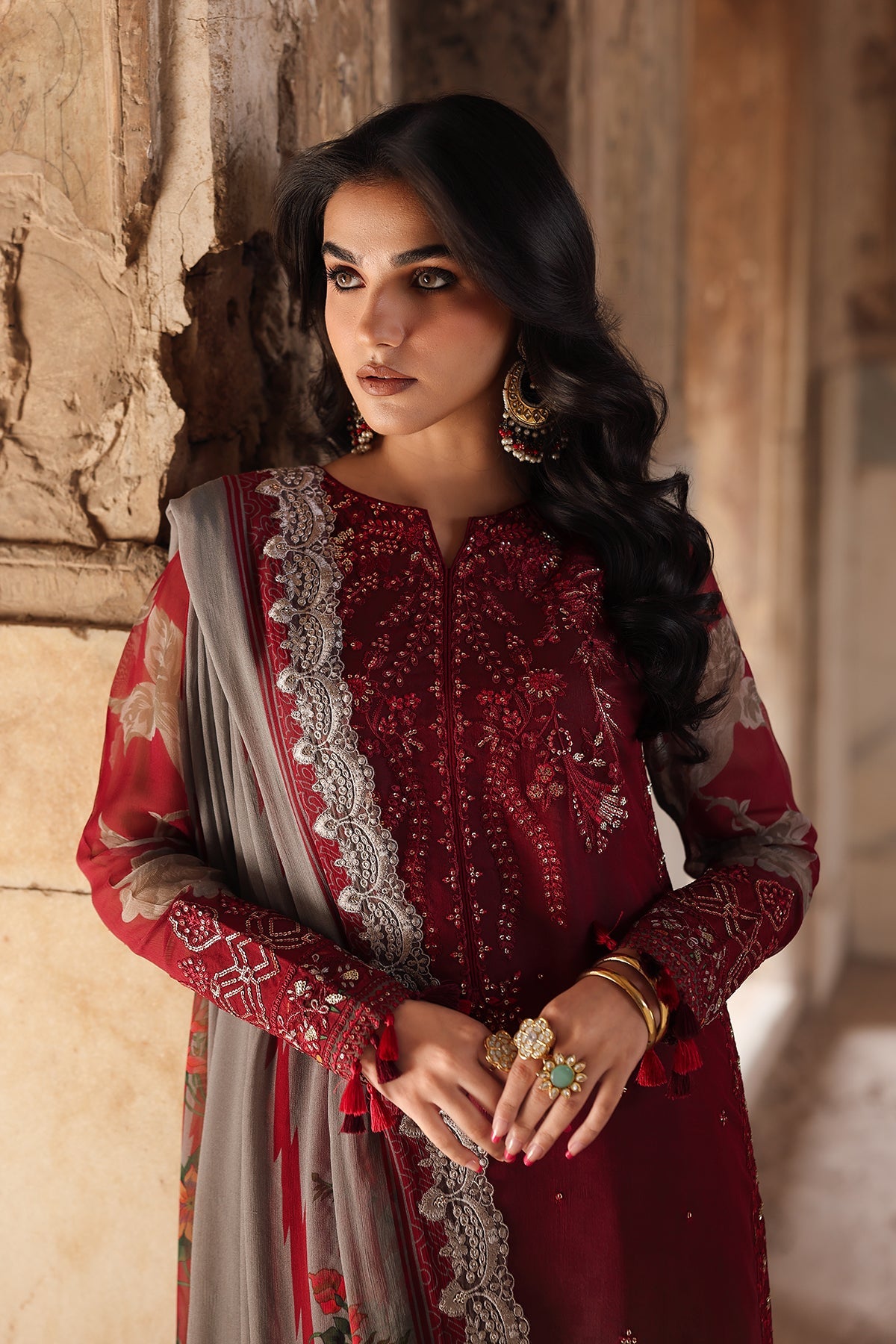 Maroon and Grey Embroidered Chiffon Pakistani Suit | Charizma Vasal Luxury Formal Wear YourLibaas Maroon and Grey Embroidered Chiffon Pakistani Suit | Charizma Vasal Luxury Formal Wear YourLibaas