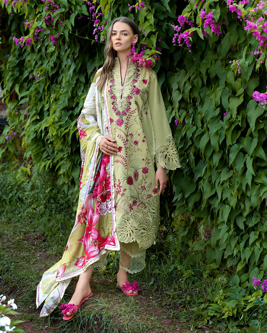 slim fit dress slacks Green Embroidered Pakistani Lawn Suit | Mushq Wildflower Waltz