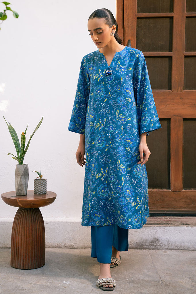 Cross Stitch Daily Wear – BLUE MELODY-2 PIECE PRINTED LINEN SUIT