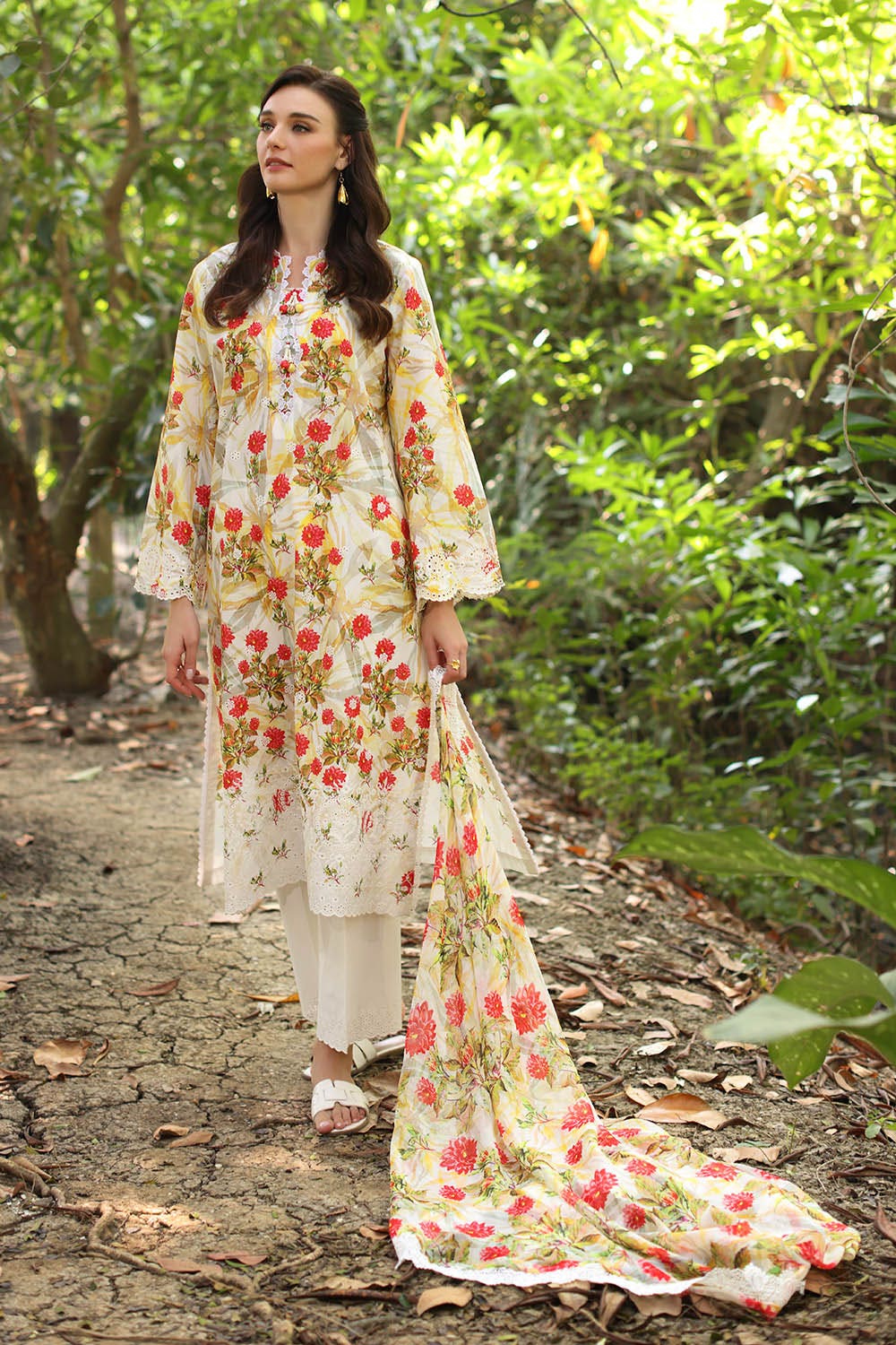 Gul Ahmed Off White Embroidered Printed Pakistani Lawn Suit