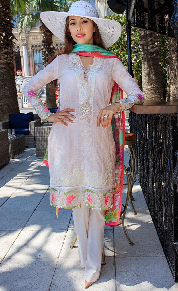 Farah Talib Aziz - A Mediterranean Dream - Chickenkari Voile Powder Pink - 2B - YourLibaas
 - 1