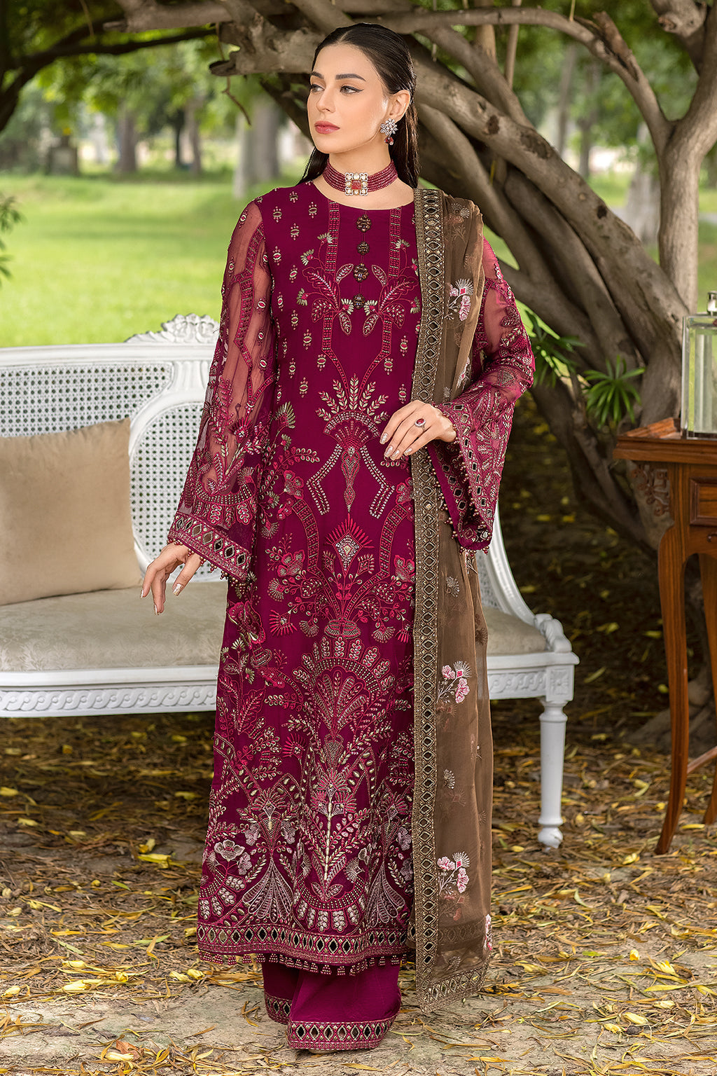 Flossie FE-709: Maroon Embroidered Chiffon Pakistani Suit