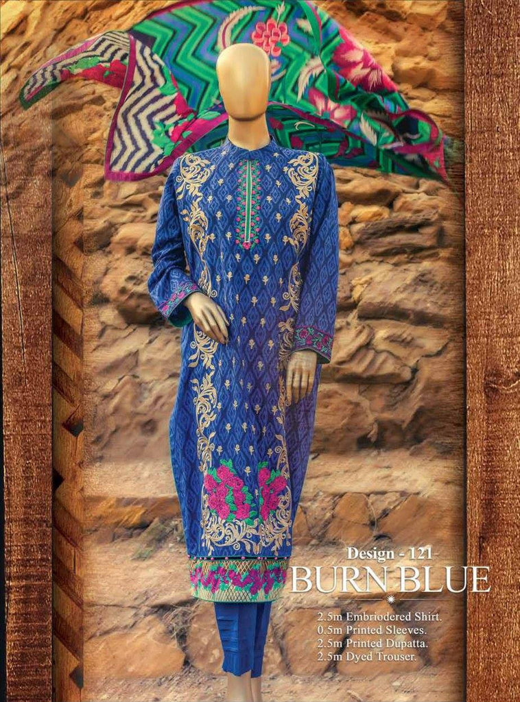 HZ Textiles Premium Embroidered Lawn Collection Vol-1 – Design 121 Burn Blue