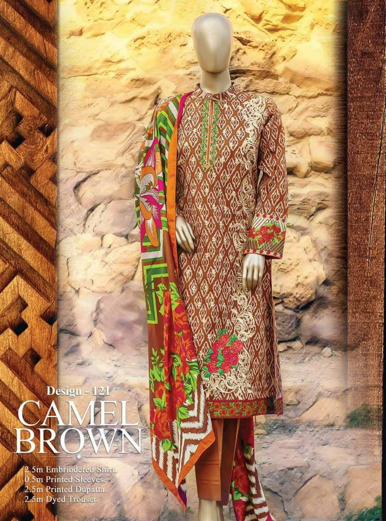 HZ Textiles Premium Embroidered Lawn Collection Vol-1 – Design 121 Camel Brown