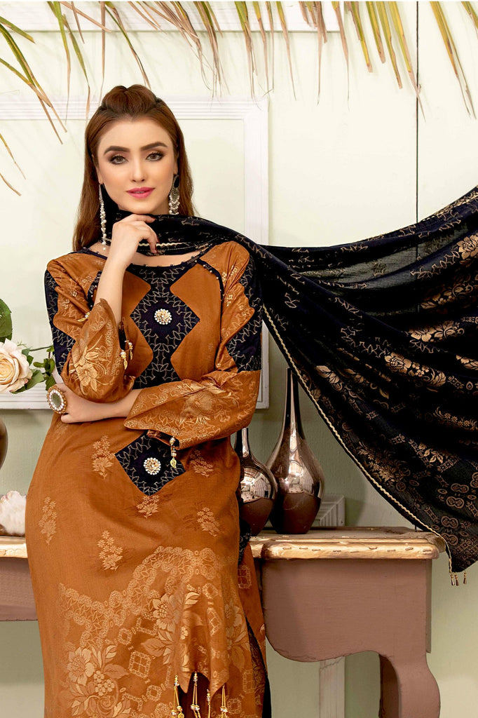 Amna Sohail by Tawakkal Fabrics – Marigold Broshia Banarsi Collection – ASJ-1232