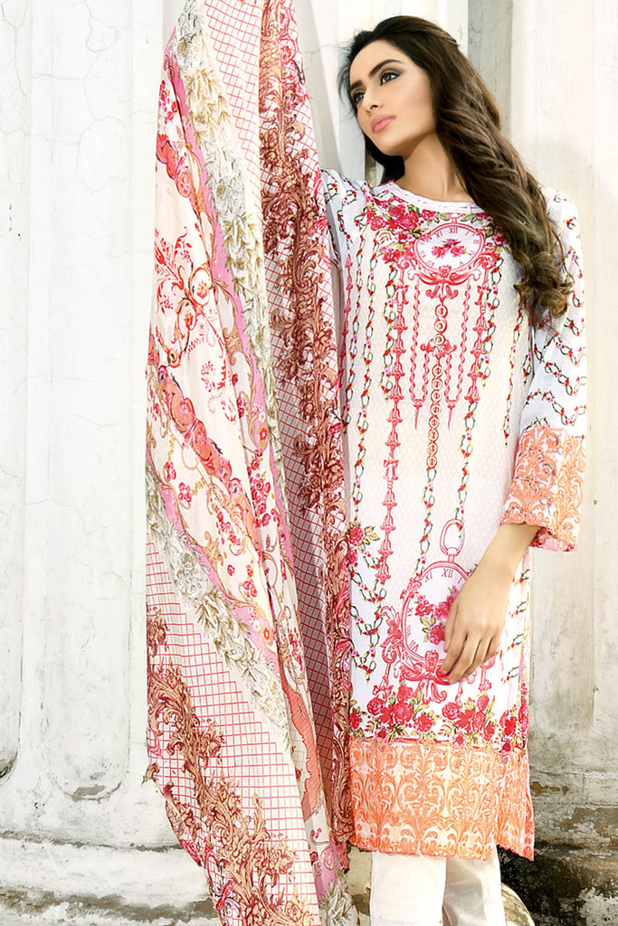 Gul Ahmed Summer 2017 - Off White 3 PC Embroidered Trencia Satin Silk Dress SS-135